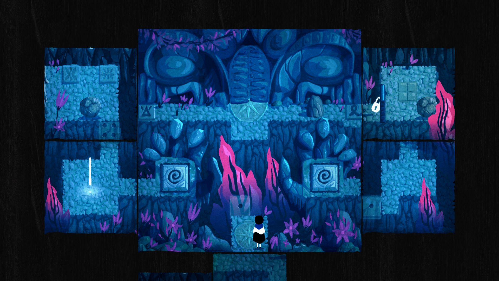 A later level in the Paper Trail free demo, where the 2D paper world is split into five different sheets that can all be folded. There is a locked door at the top of the screen with, seemingly, no way to reach it