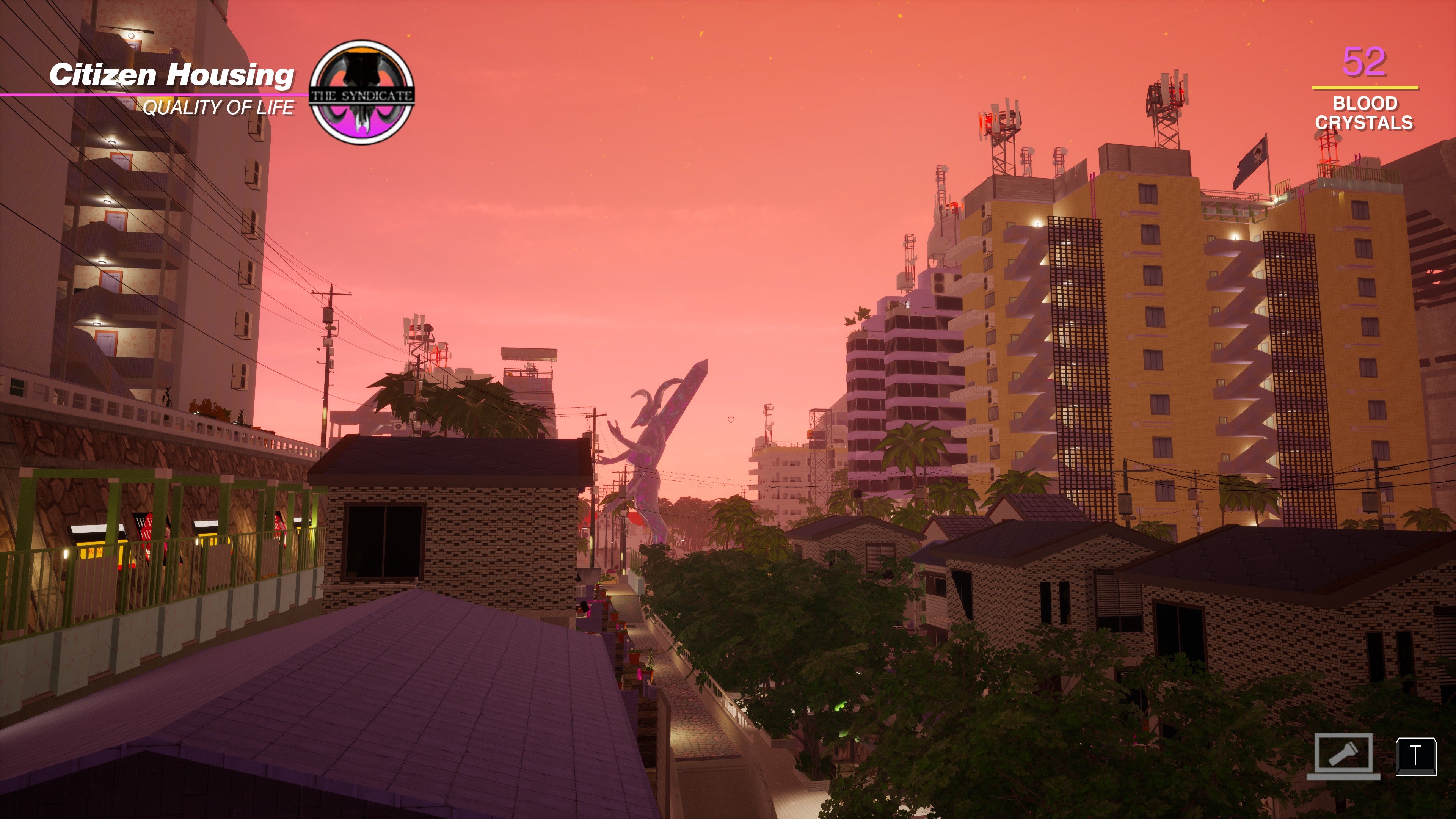 Prédios de apartamentos contra um céu saturado rosa em Paradise Killer
