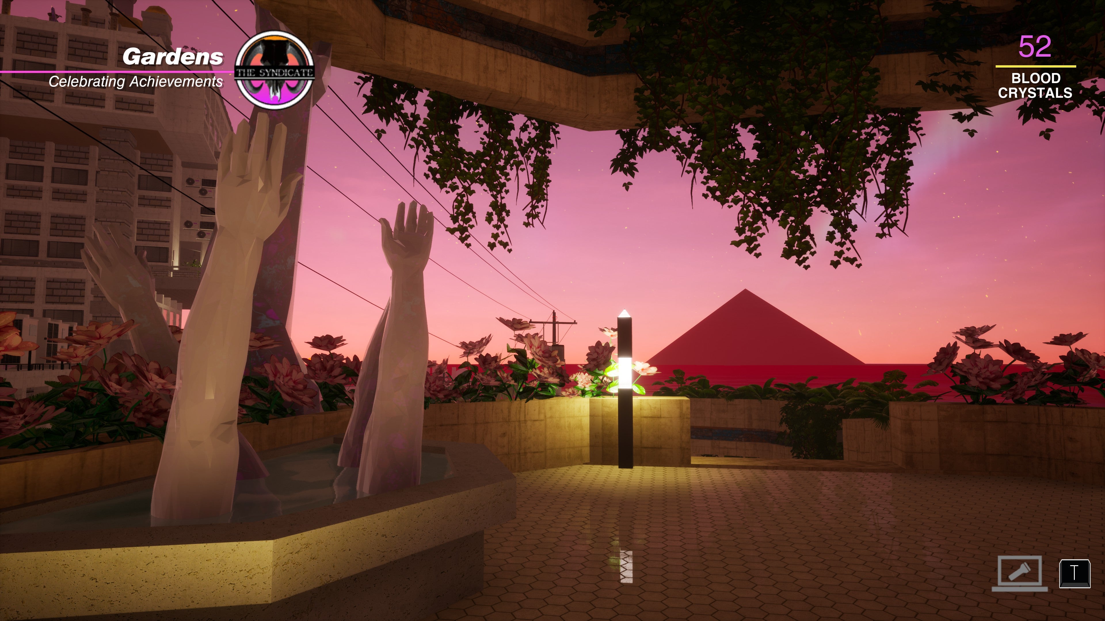 Uma pirâmide rosa pode ser vista no horizonte entre estátuas em forma de mãos em Paradise Killer