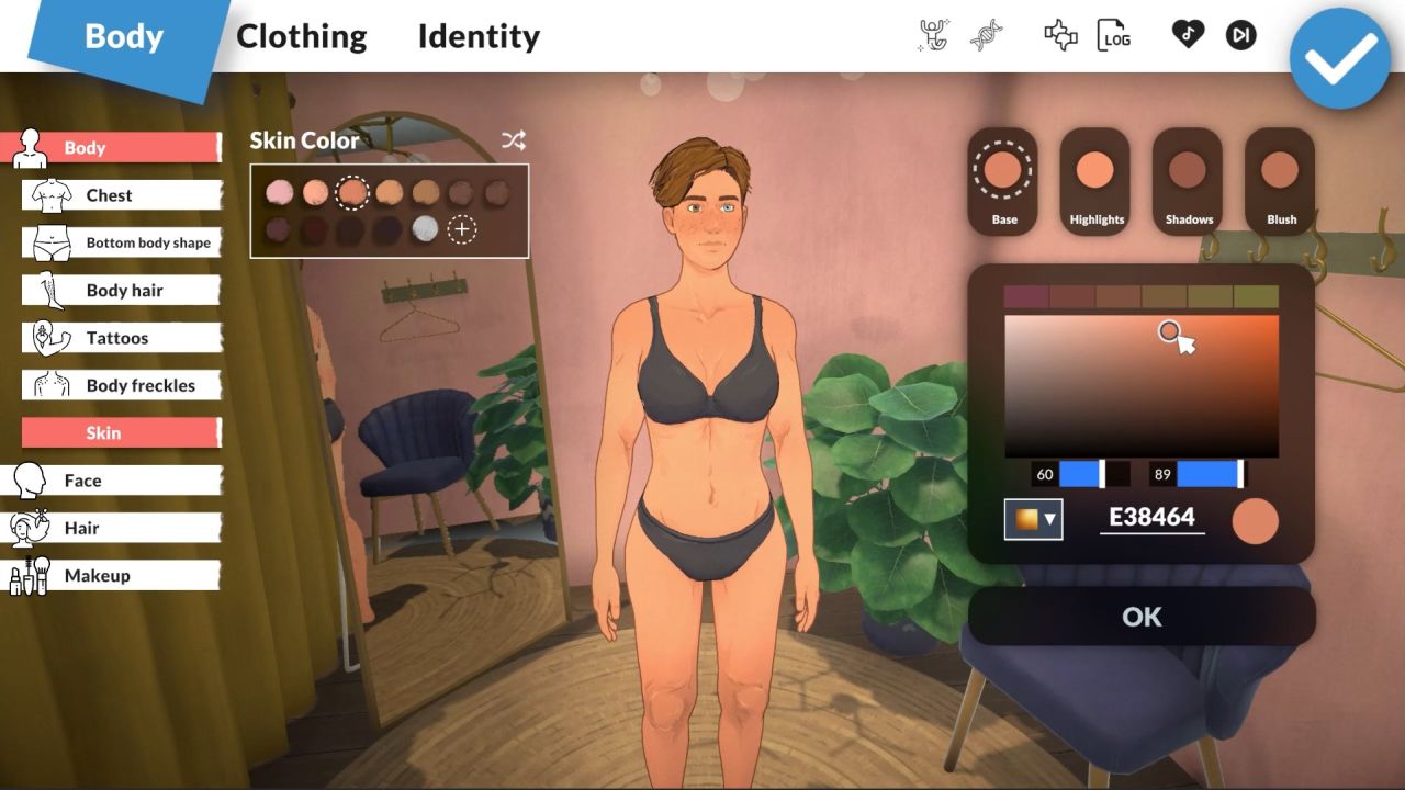 A para in an early version of Paralives' Paramaker character creation, having her skin tone changed and customised using a colour field selection tool