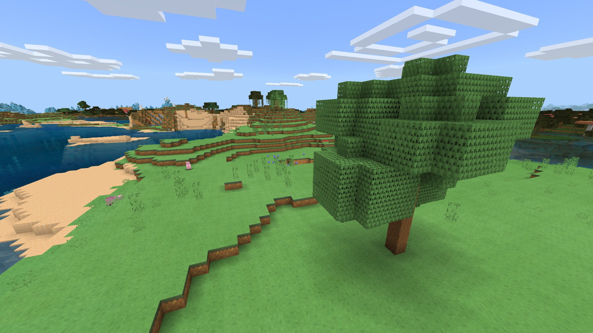 A Minecraft Bedrock screenshot of a landscape displayed using the PaperCutout Texture Pack.