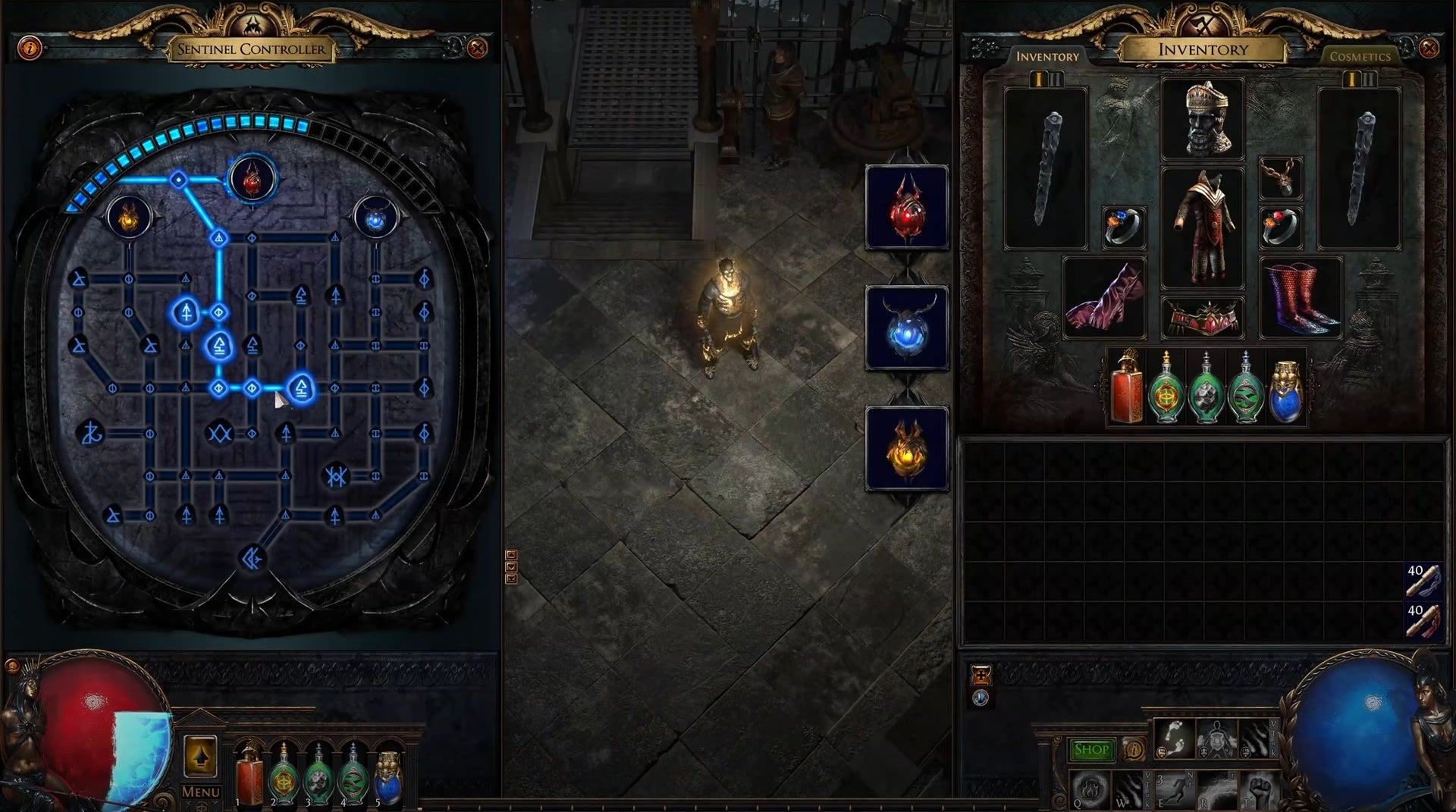 A screenshot of Path Of Exile Sentinel showing the new customisation screen for the Sentinels, which looks somewhat like a circuit board.