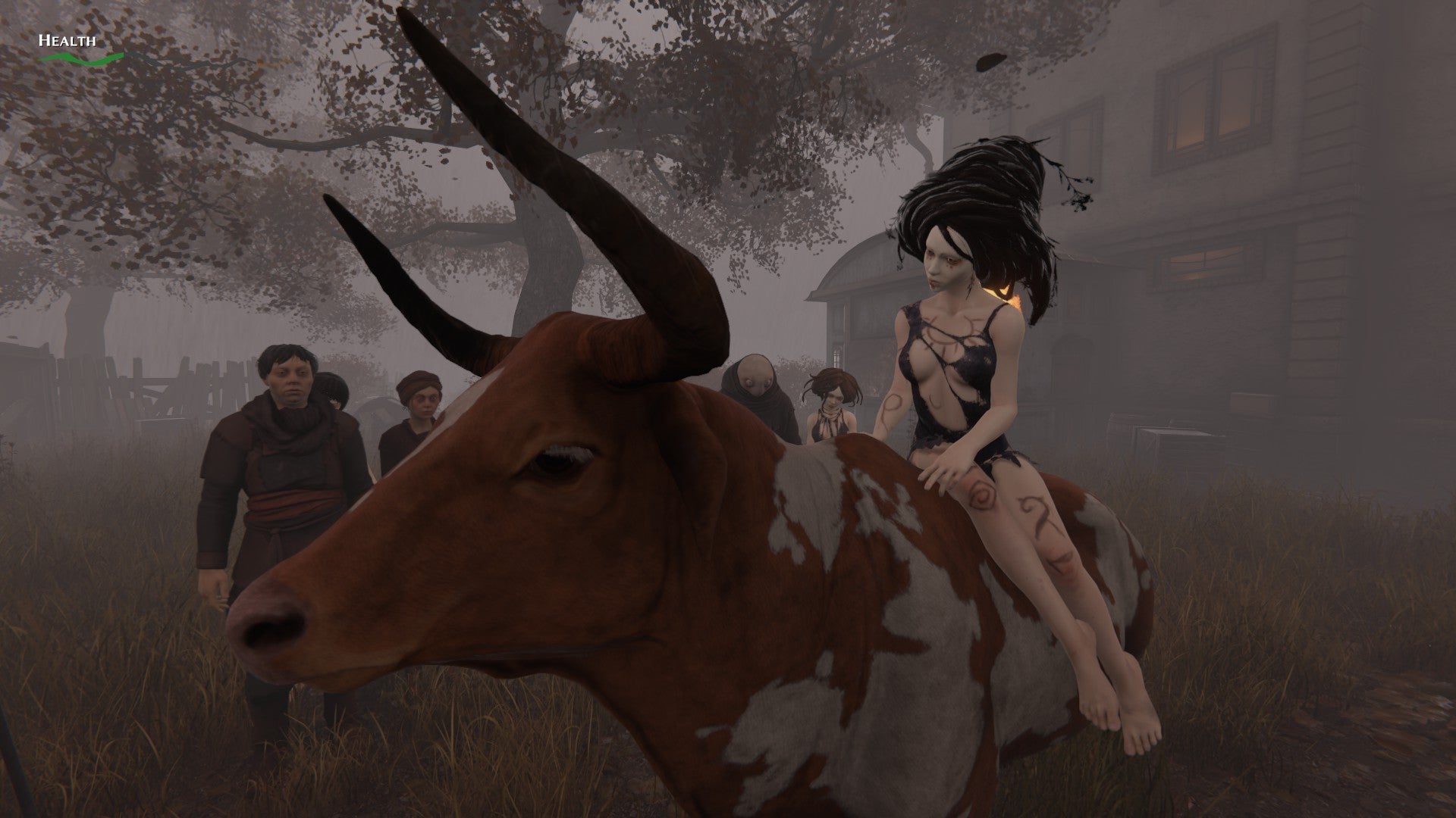 A scantily clad woman rides a cow in Pathologic