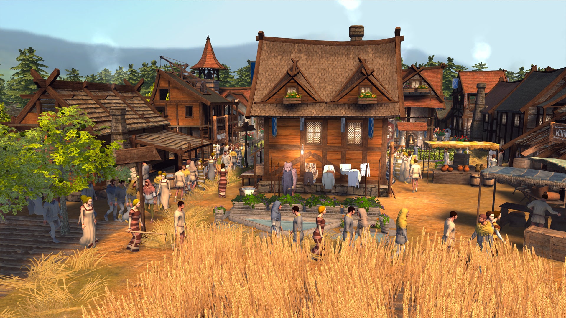 A screenshot of citybuilder Patron, showing an old wooden house with washing hanging outside surrounded by milling pedestrians, wheat crops, in what looks like a ye olde market town.