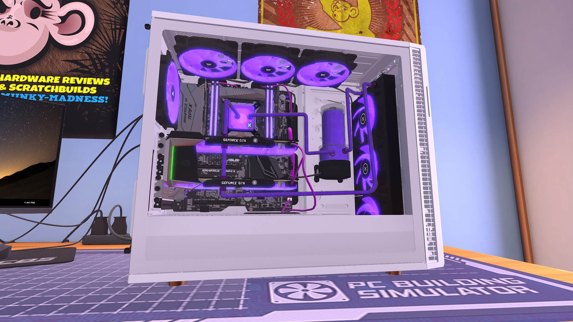 PC Building Simulator - A white PC case is open on the side with a GTX GeForce GPU inside and lots of purple lighting.