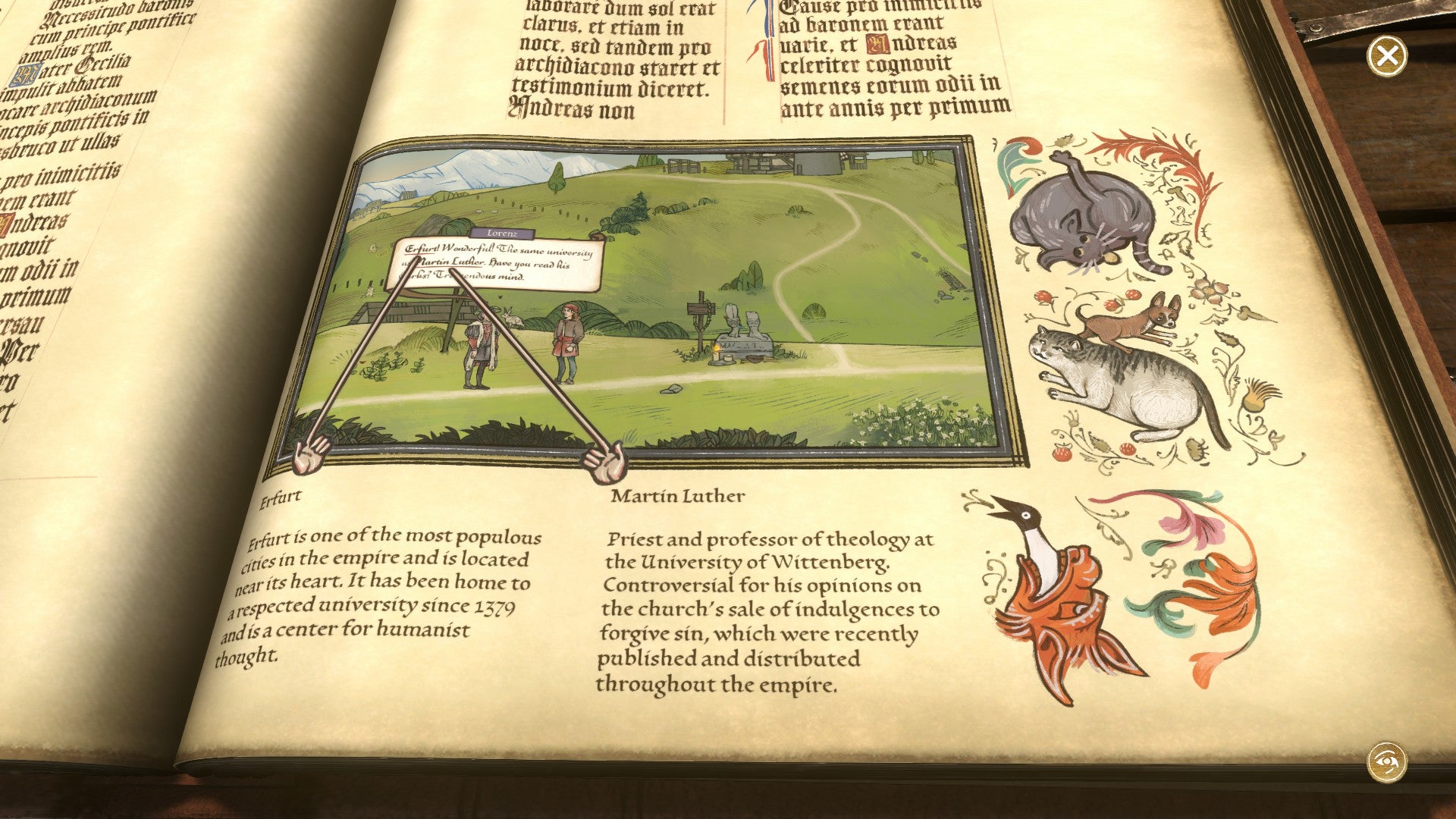 A pause menu in pentiment, when the screen becomes an image in an illuminated book and characters are pointed out and have their names and personality briefly explained