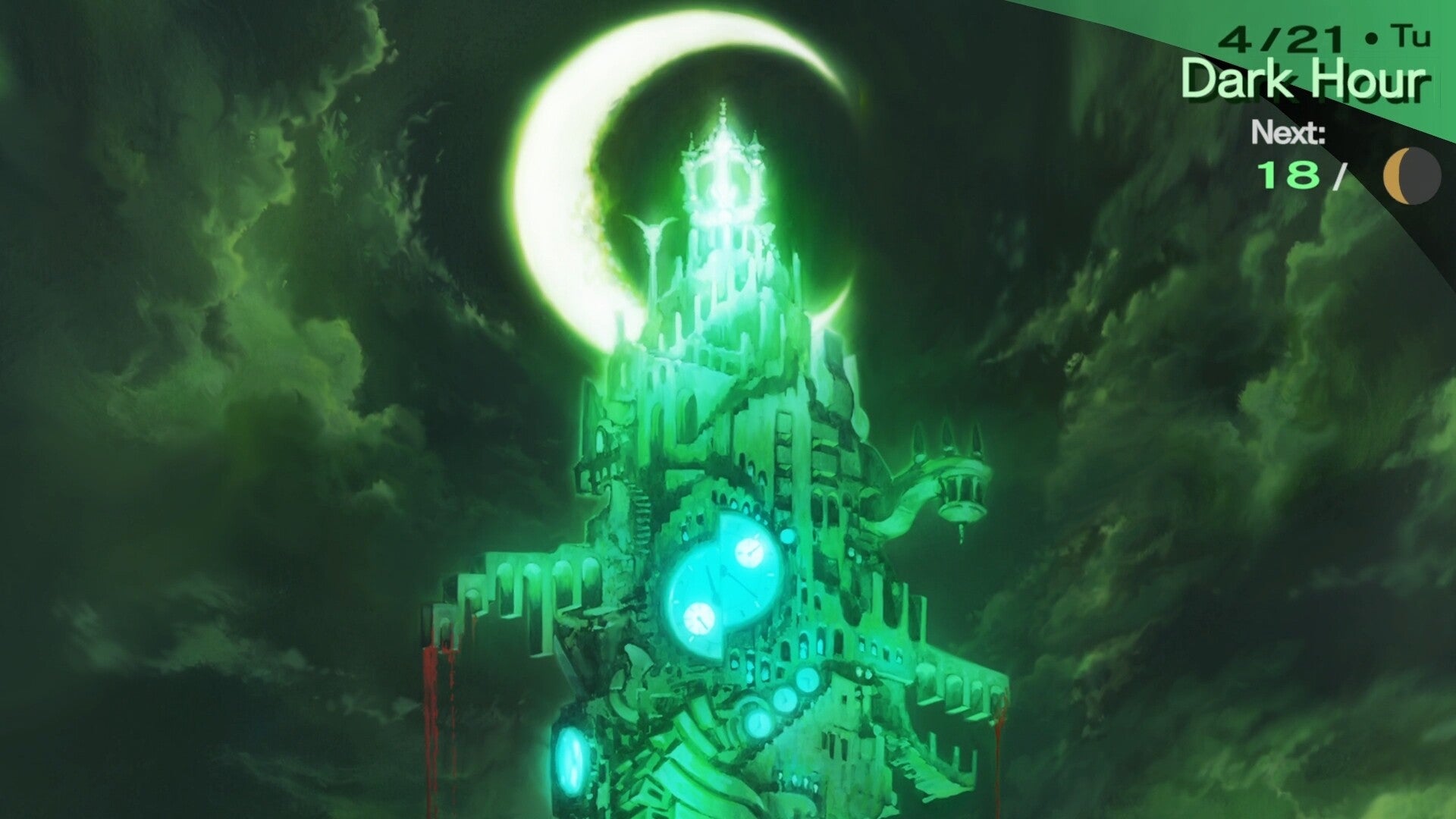 The green-hued tower of Tartarus rises up towards a crescent moon in Persona 3.