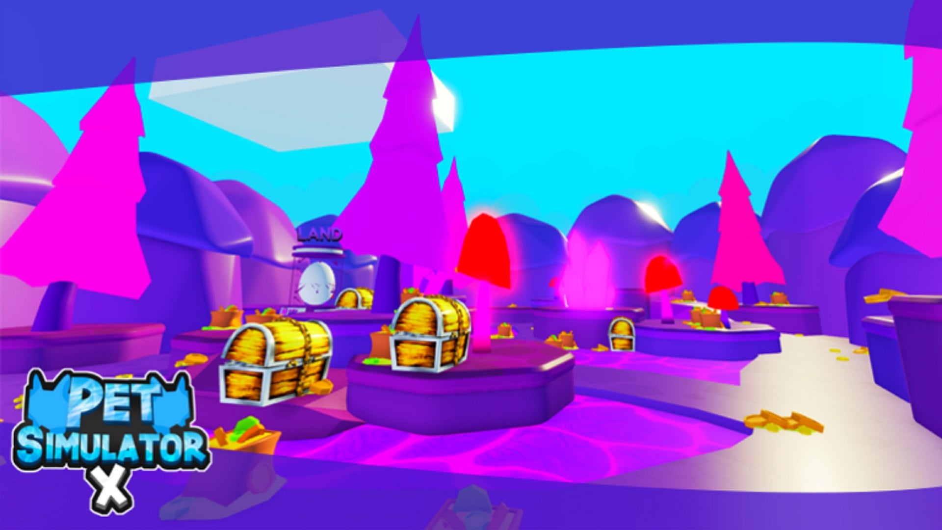 One of the on-platform banners for Roblox's Pet Simulator X experience. It shows several of the game's treasure chests in a distinctive purple biome area.