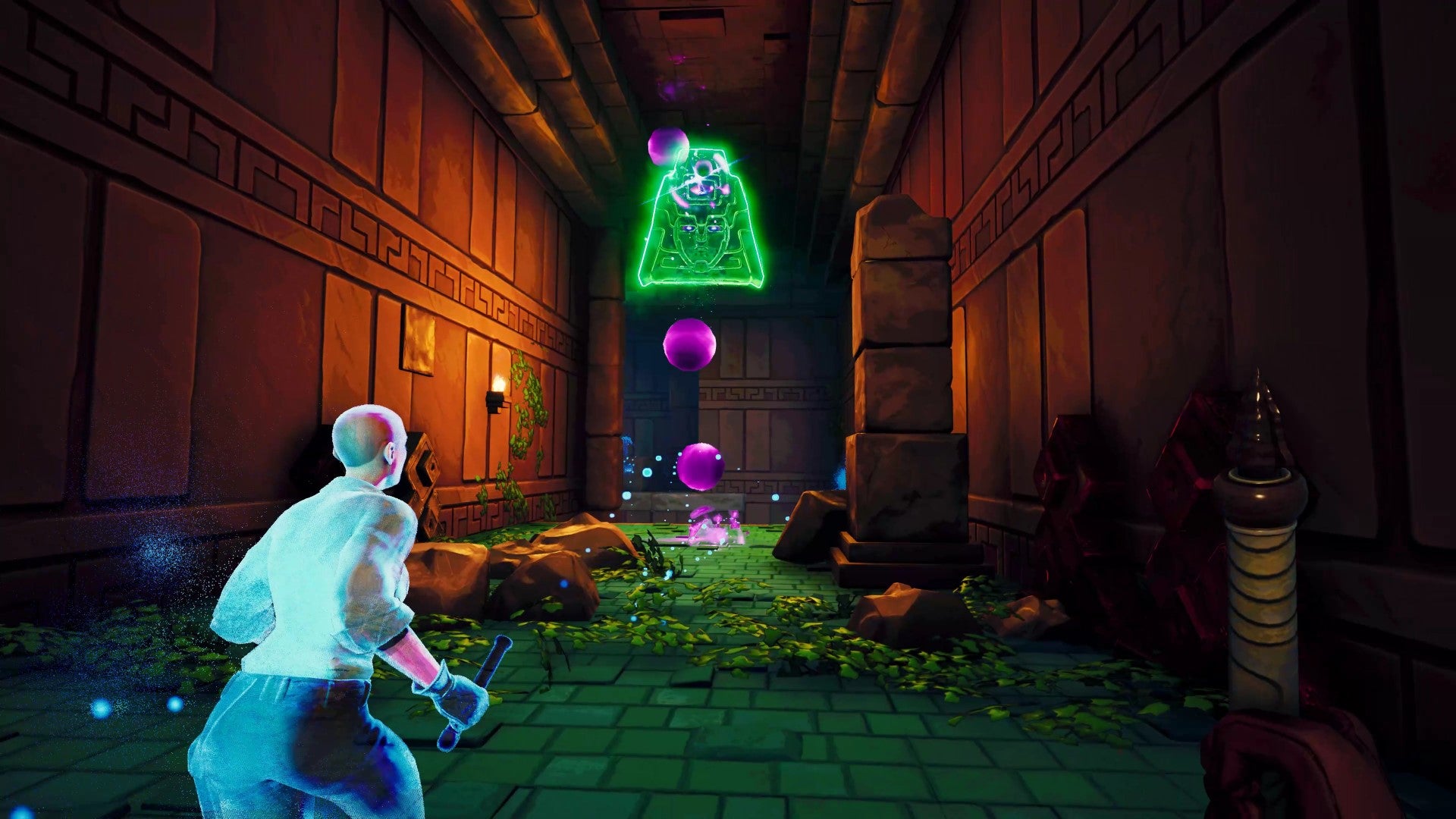 An image from Phantom Abyss which shows the player running down a temple corridor. A ghost is off to their left, and a green apparition looms in front of them both, hurling purple orbs their way.