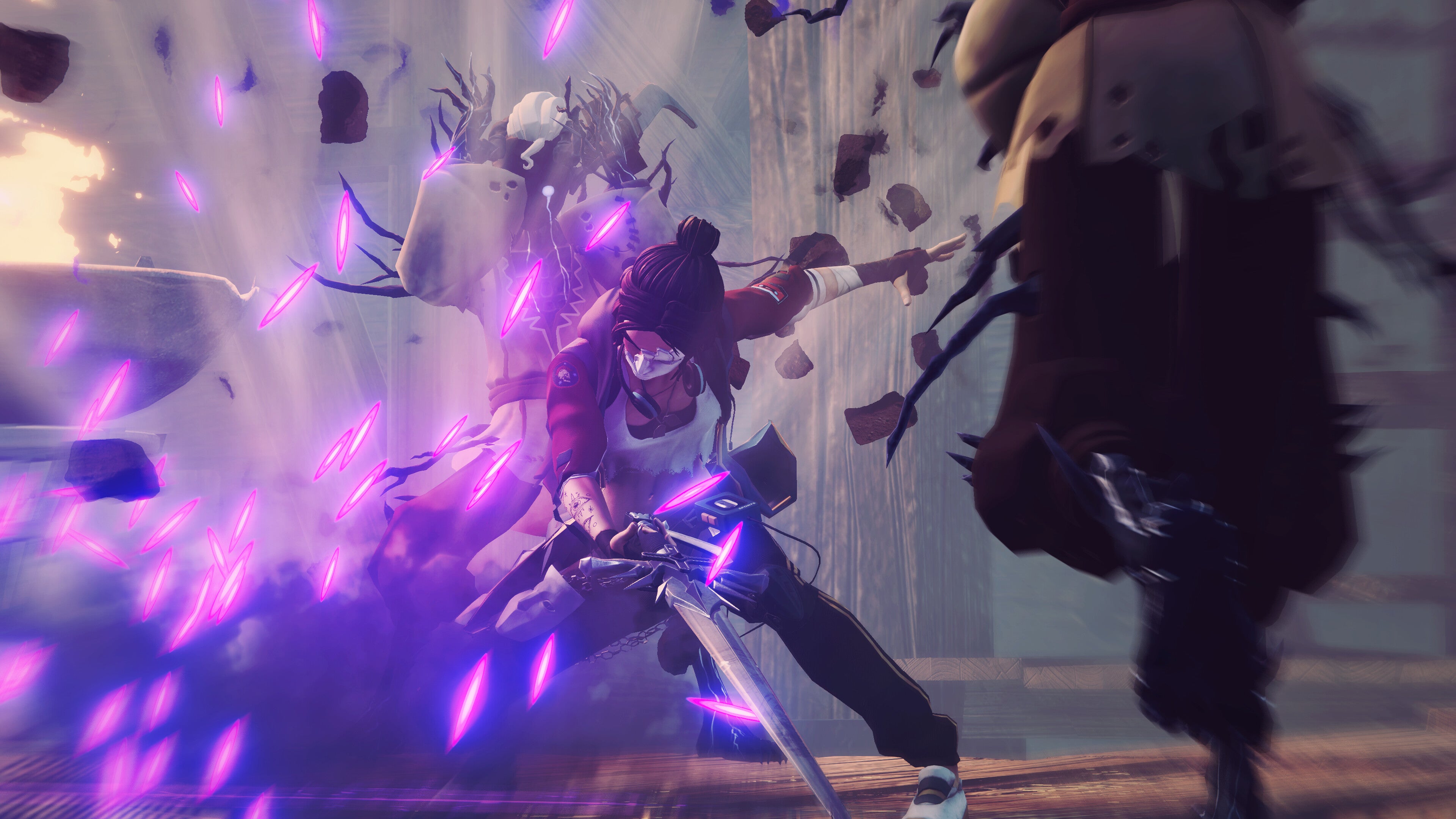 The protagonist of Phantom Hellcat slashes at odd bipedal enemies with her sword, causing purple sparks to fly.