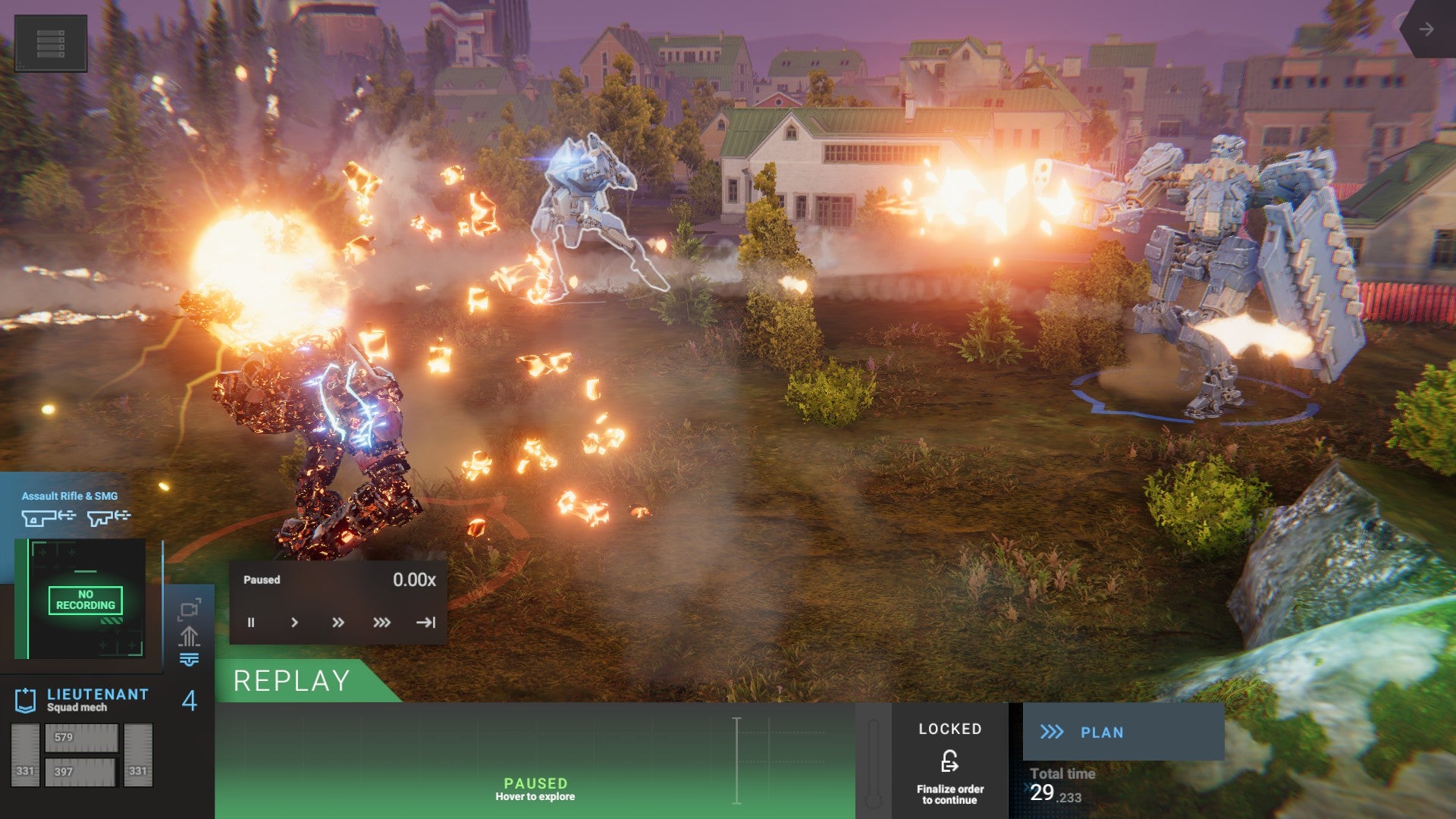 Three mechs have an explosive stand off in Phantom Brigade