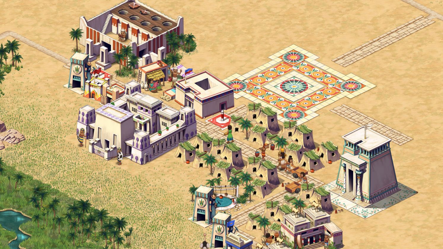A screenshot from the demo of Pharaoh: A New Era showing a compact and poorly planned city, with a palace and temple to Bast