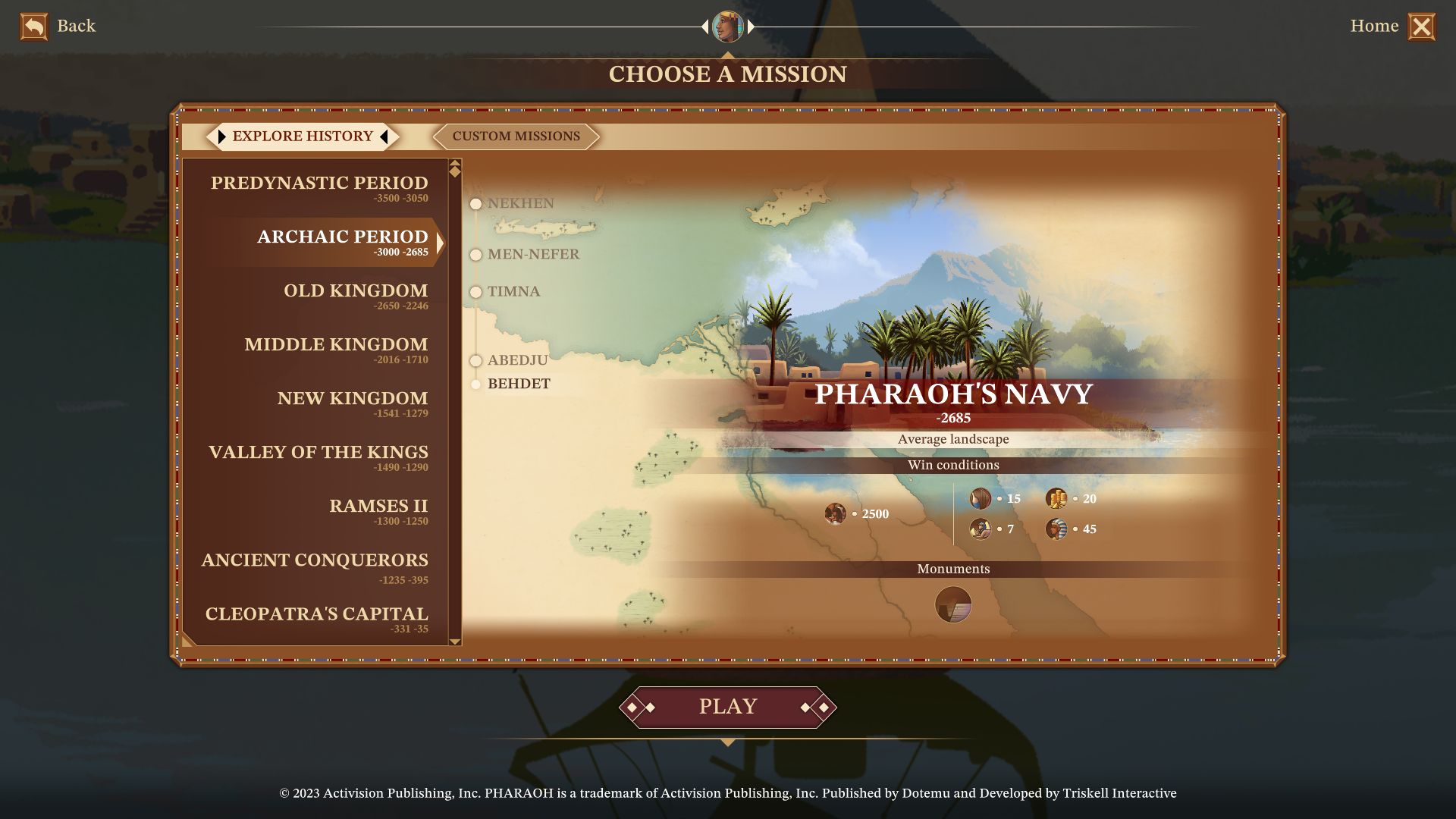 A level selection screen from the main menu of Pharaoh: A New Era, open on a mission called Pharaoh's Navy