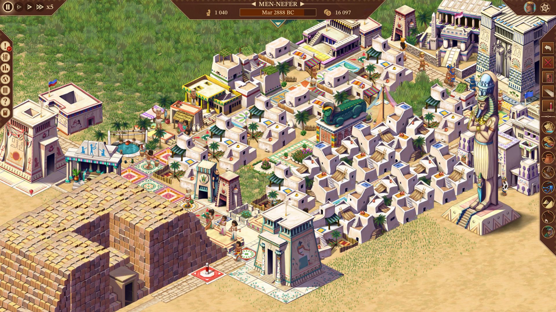 A dense but very prosperous city in Pharaoh: A New Era, with high quality housing, statues, and a completed tomb