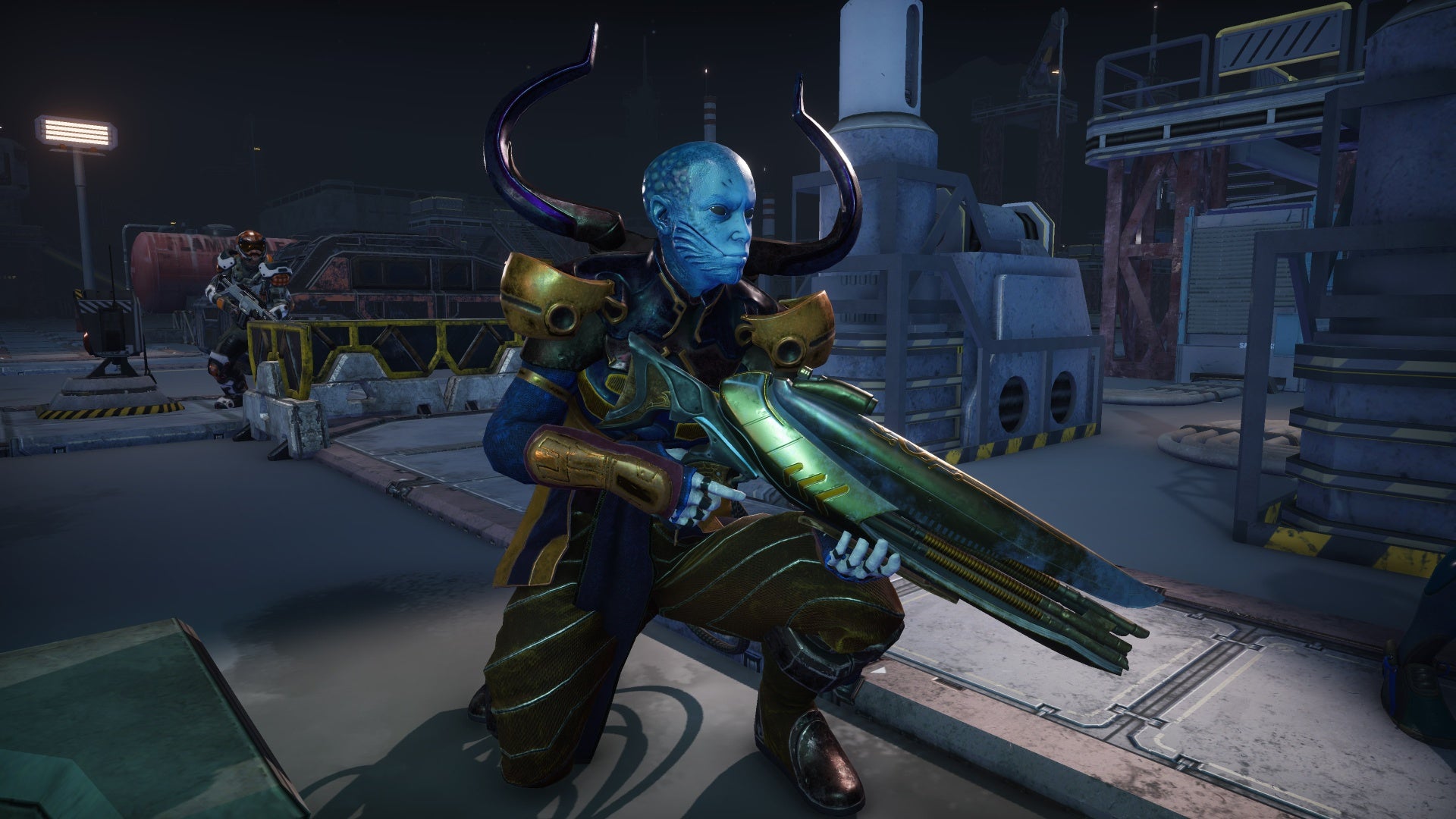 A screenshot showing a blue skin Mutoid crouching, holding a large rifle.