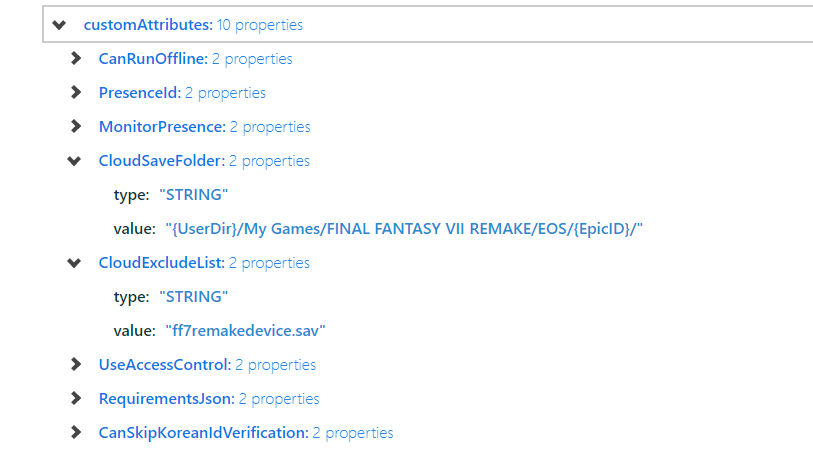 Product page database info from EpicData. Under a heading for "CloudSaveFolder" is a value entry with a file directory which includes "Final Fantasy VII Remake". Under the heading "CloudExcludeList" is a value listed as "ff7remakedevice.sav".