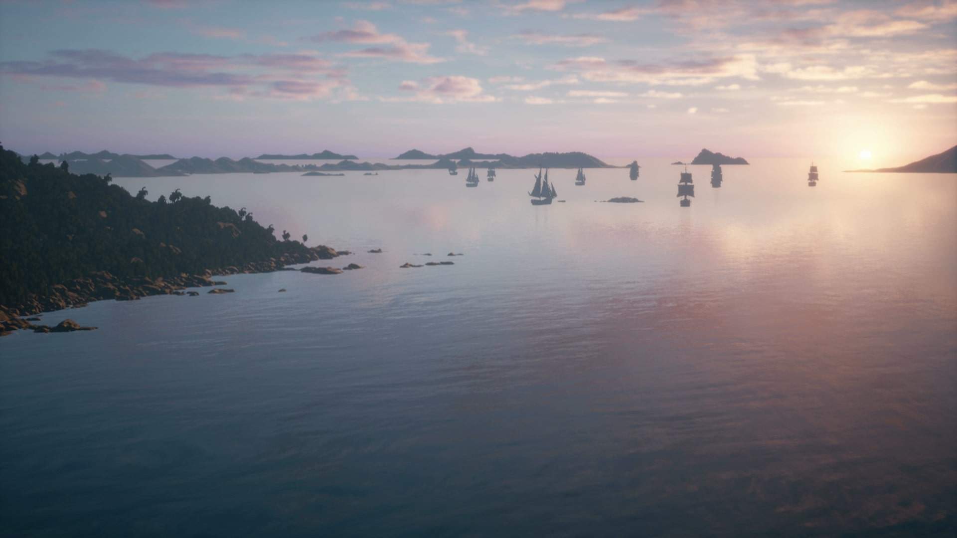 The caribbean with a sunrise and boats in Kingdom Hearts 3