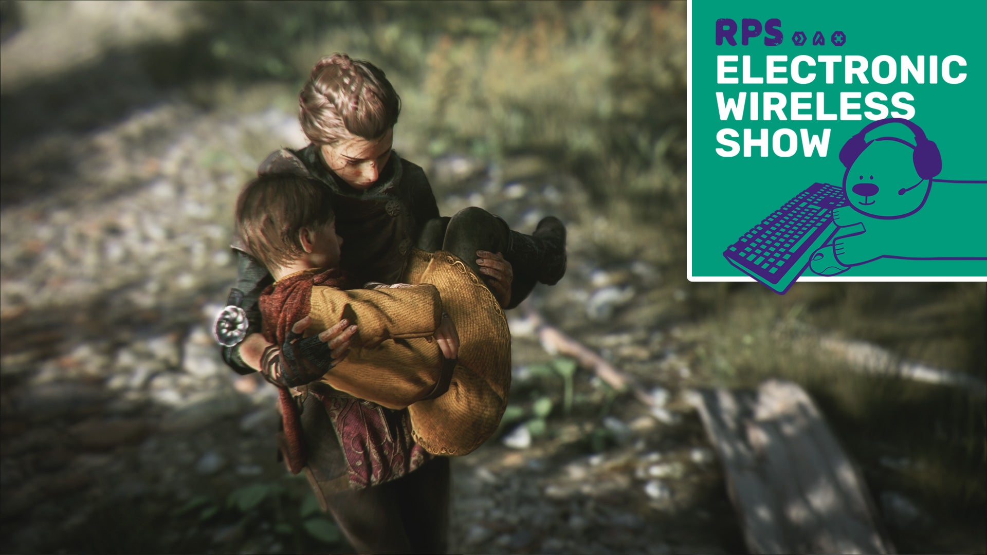 Amicia from A Plague Tale: Innocence carrying her little brother Hugo, with the Electronic Wireless Show logo in the top right hand corner