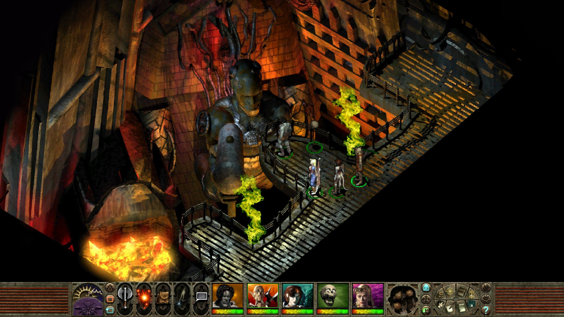 Warriors stand in front of a large statue in Planescape Torment