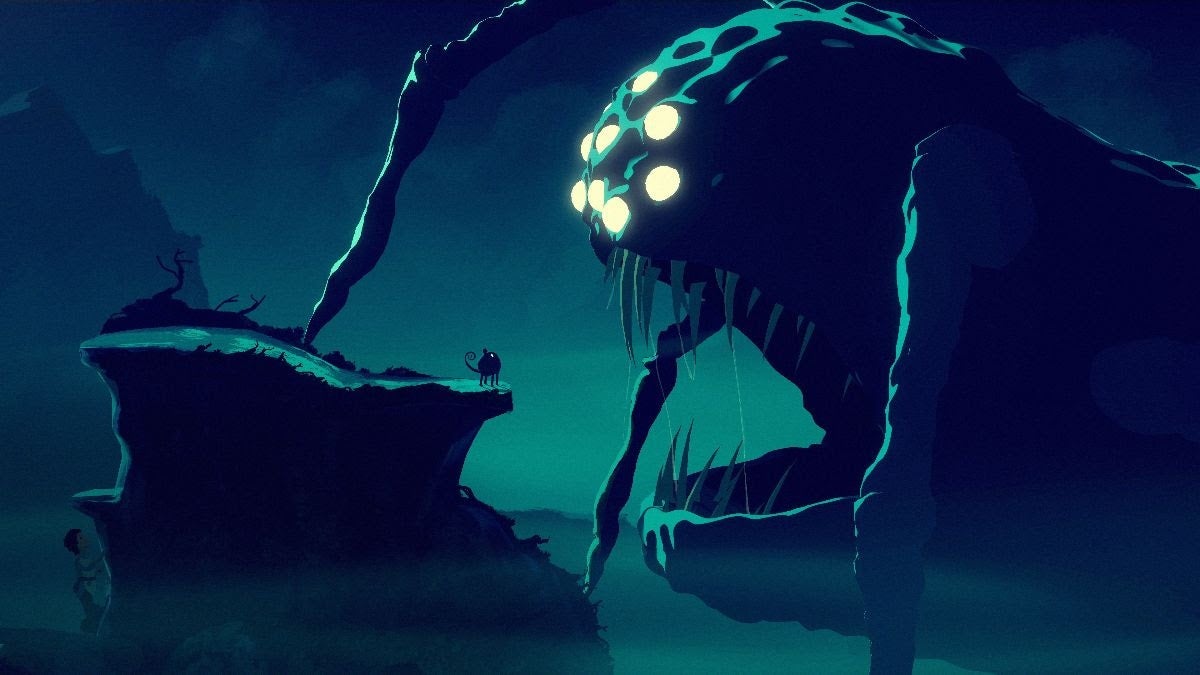 A screenshot from Planet Of Lana showing a world mostly in shadow. To the left a small creature stands on a ledge, facing a screen-filling giant spider-y thing, it's mouth wide open.