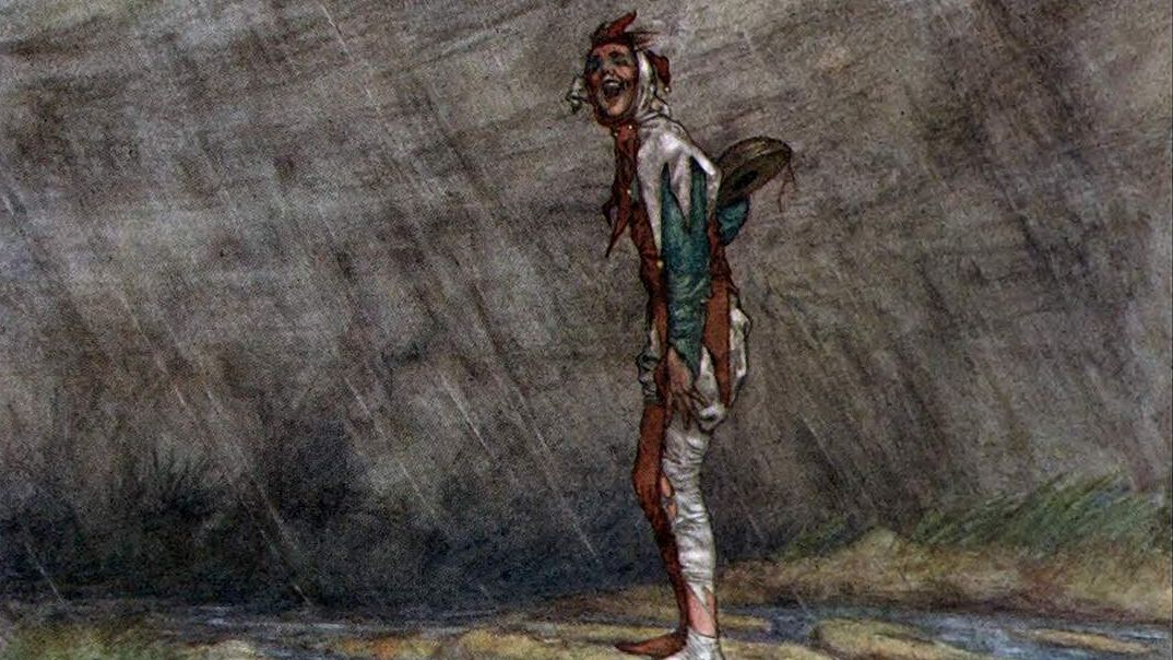A section of the illustration 'The Rain It Raineth Every Day' by William Robinson Heath, depicting the fool in Shakespeare's Twelfth Night, standing laughing in the rain