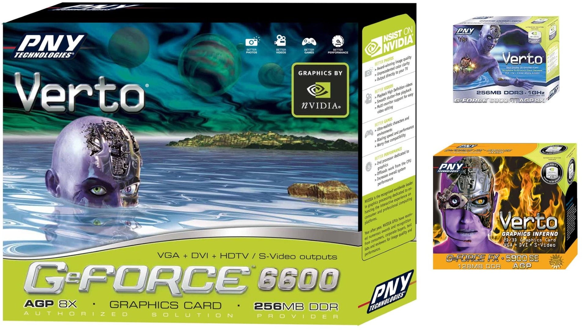 A trio of graphics card boxes, all depicting PNY's purple Verto cyborg