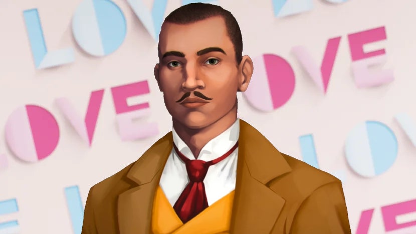 A headshot of young Hercule Poirot as seen in Agatha Christie - Hercule Poirot: The First Cases, but over the background used for headshots of cast members on ITV reality show Love Island