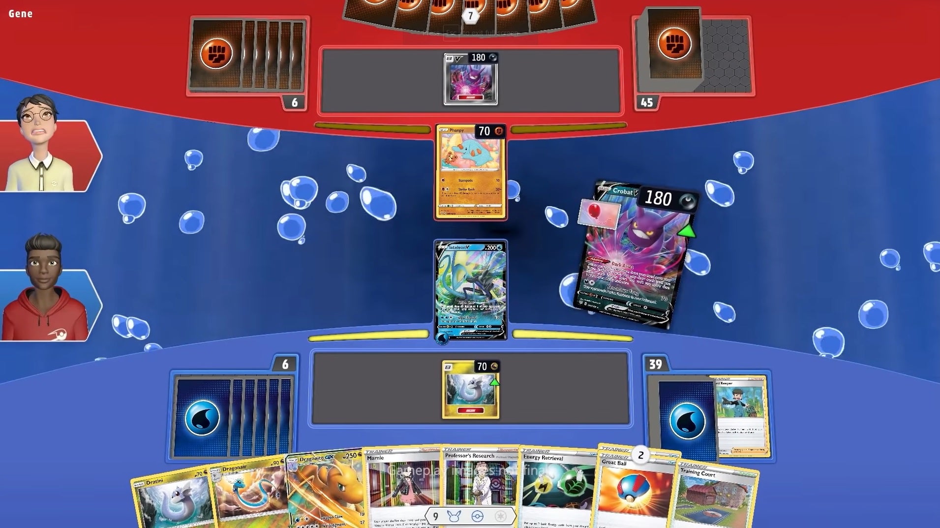Pokemon TCG Live - Two players card battle on a shared space, one with water energy cards and one with fighting. One player plays a Crobat from their hand.