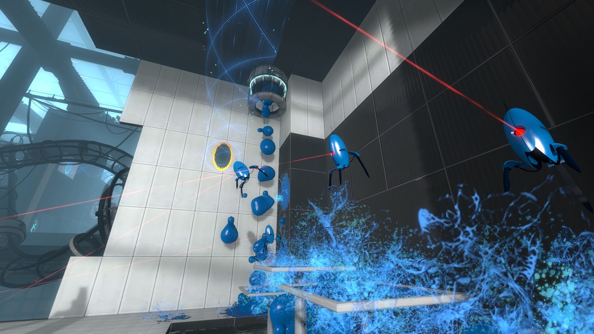 A screenshot of Portal 2 showing blue paint following out of the ceiling and several blue-smeared turrets bouncing around.