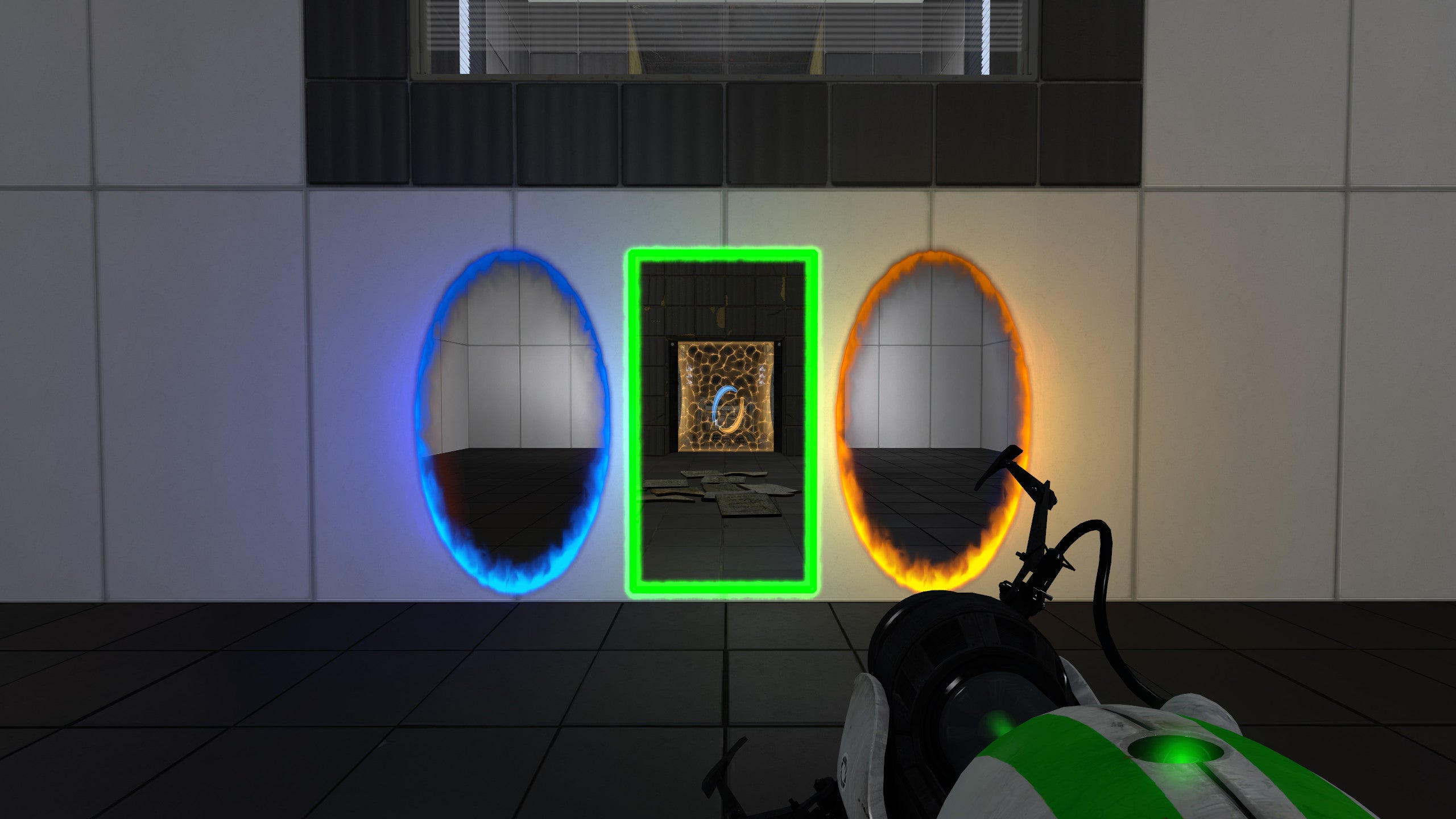 Portal Reloaded mod - A player holding a portal gun looks at a wall with three portals: blue, orange, and green.