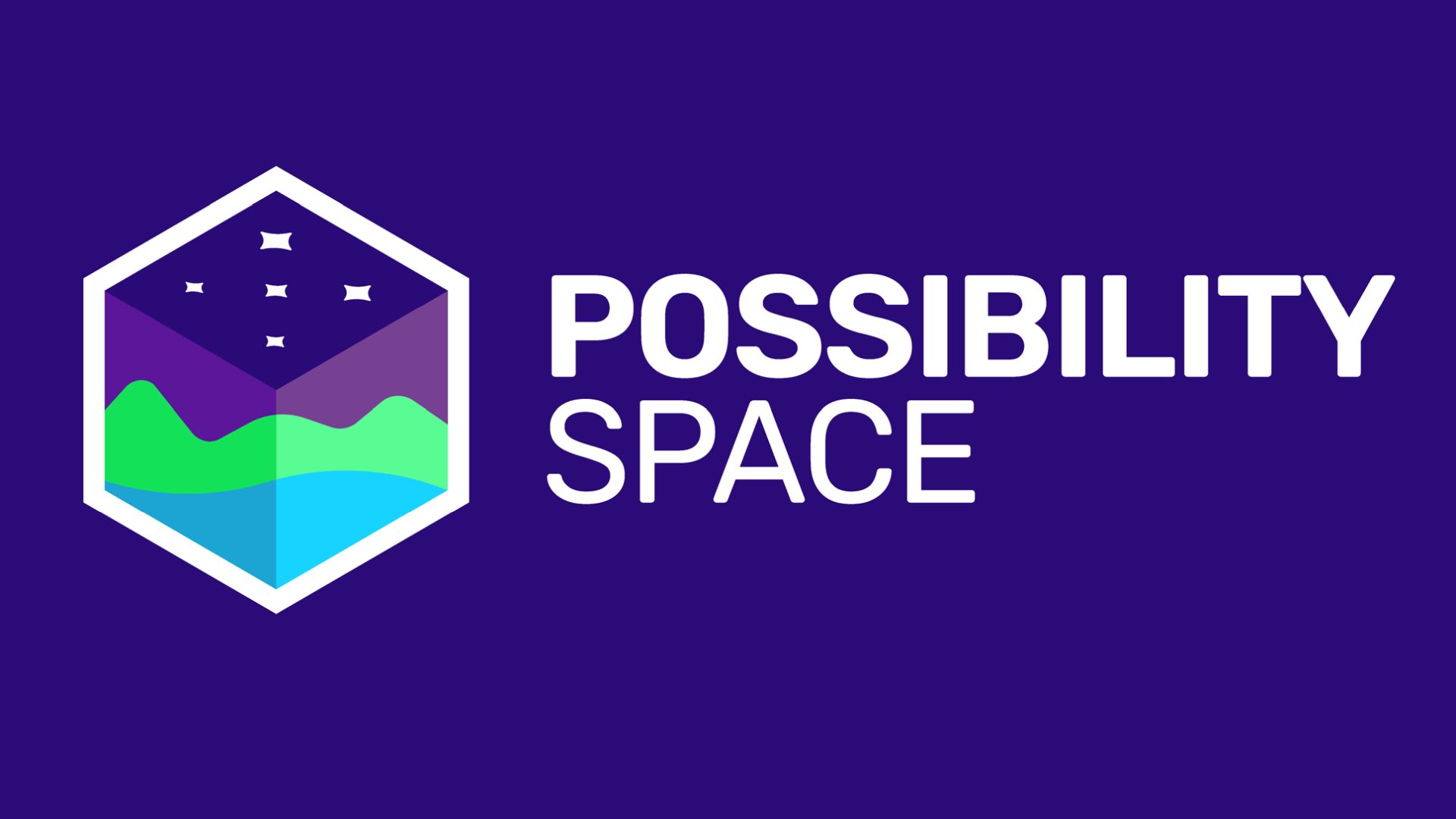 Possibility Space name and logo on a purple background - A purple cube that appears to be a cross-section of water, mountains, sky, and stars.