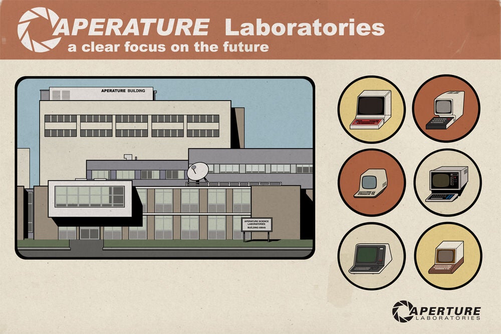 An illustration of an office building and some iconography beneath an Aperture Science Lab logo.