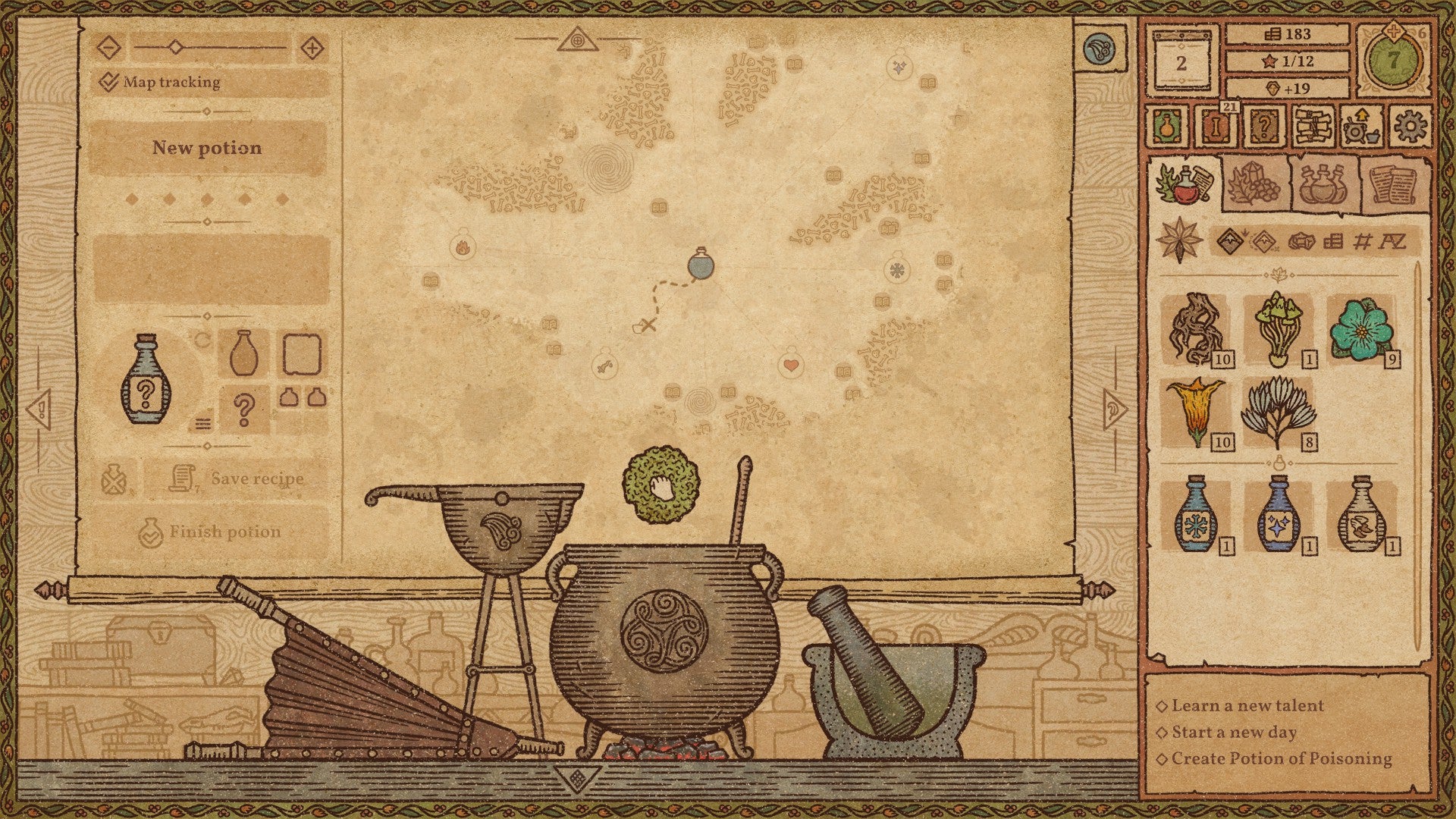 A potion crafting table with map background.  The different ingredients and potions are lined up on the left.