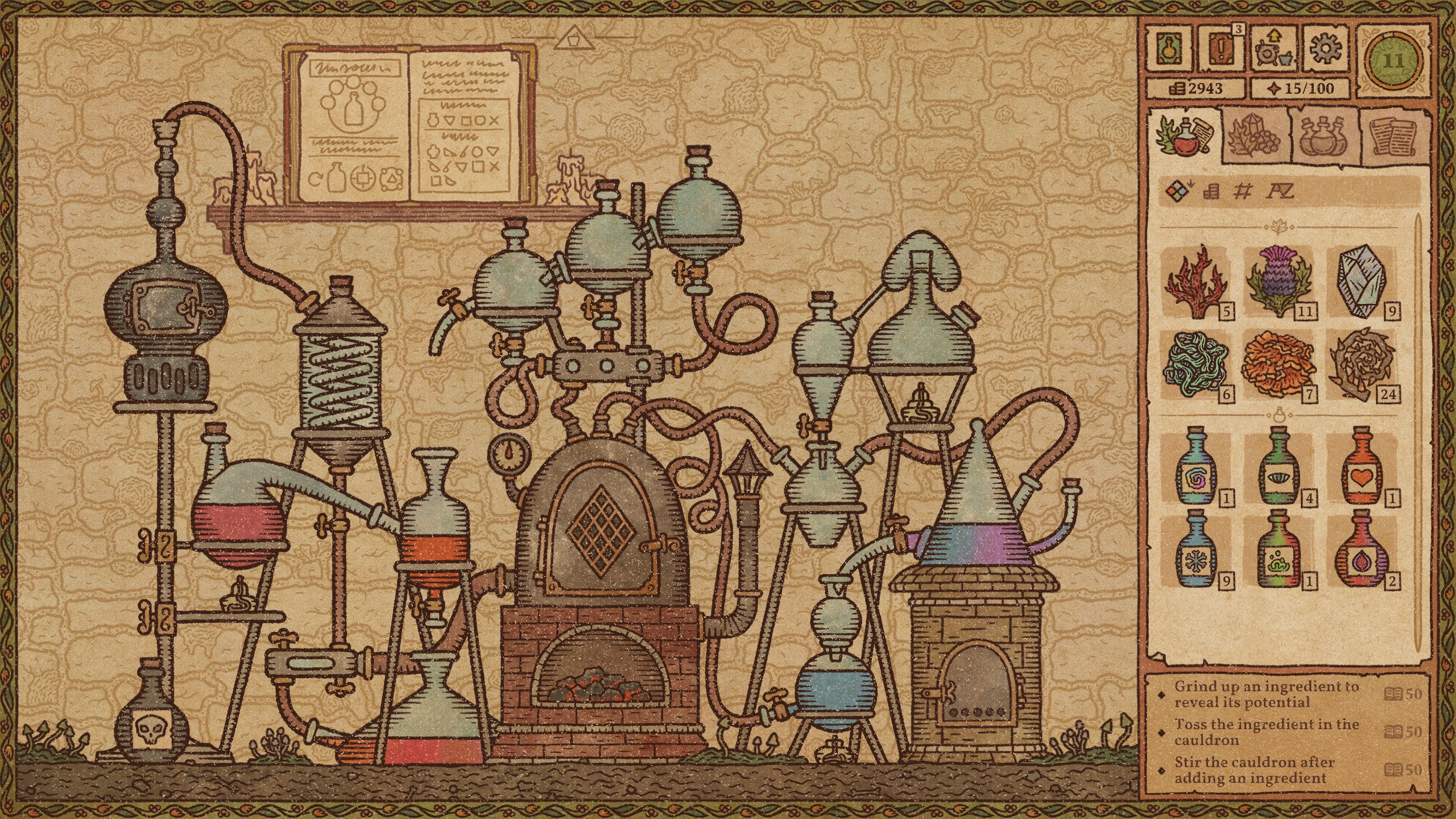 Potion Craft - the very complex Alchemy Machine with many test tubes and glass vials connected to a central machine.