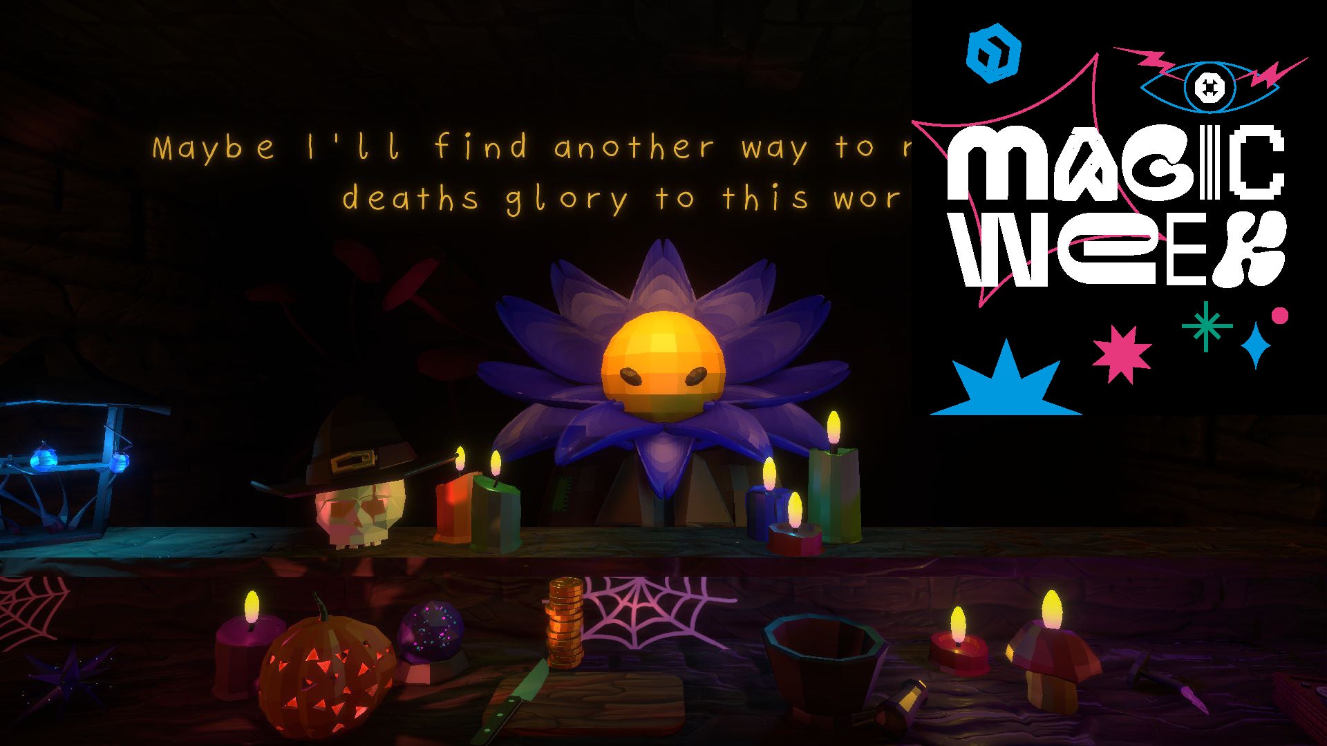 A customer of your potion shop in Potion Tales, who sort of looks like a giant suspicious purple daisy with eyes. A square logo of geometric shapes and stars, with white words reading MAGIC WEEK is overlaid on the top right corner