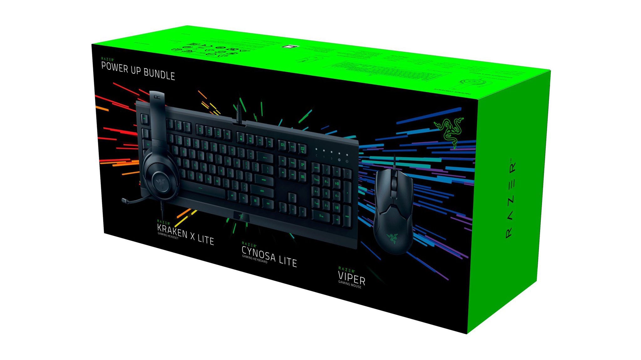 a photo of a box of PC peripherals by Razer, including a Kraken X Lite headset, Cynosa Lite keyboard and Viper mouse