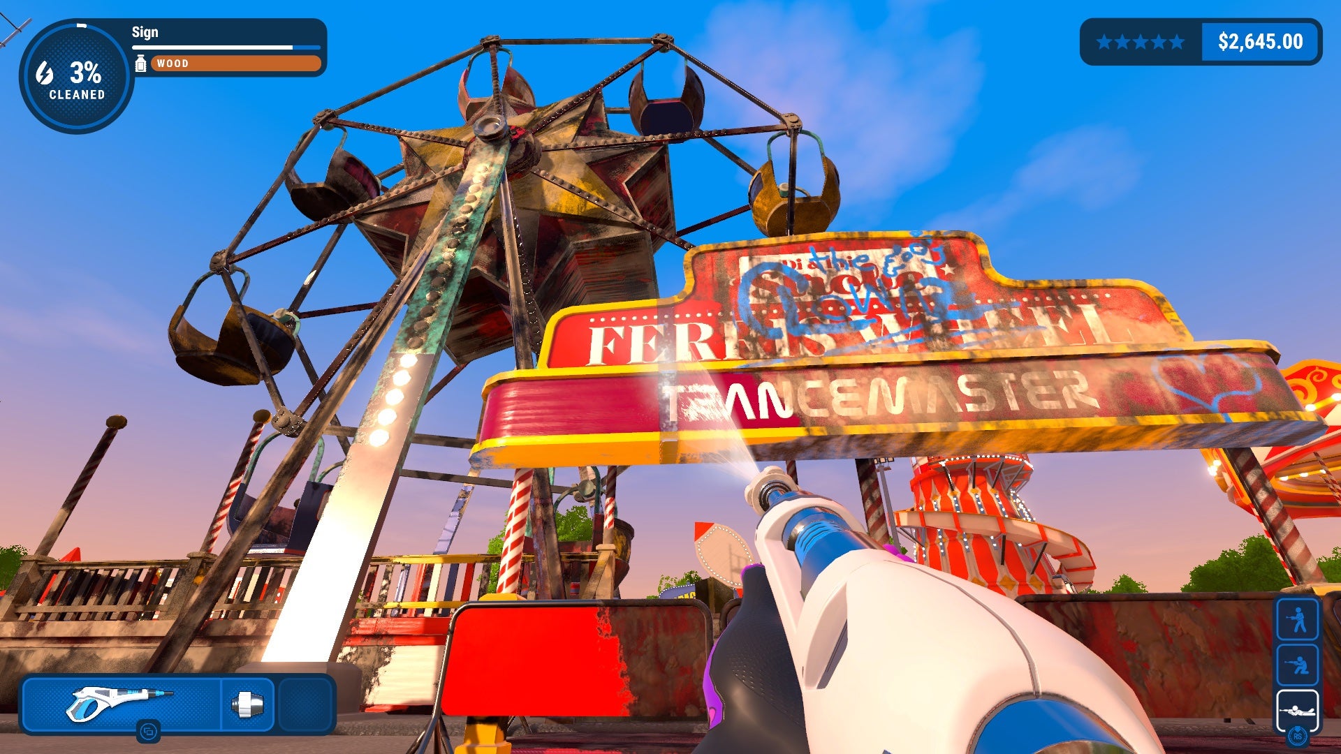 A screenshot from PowerWash Simulator which shows the player powerwashing a theme park sign.