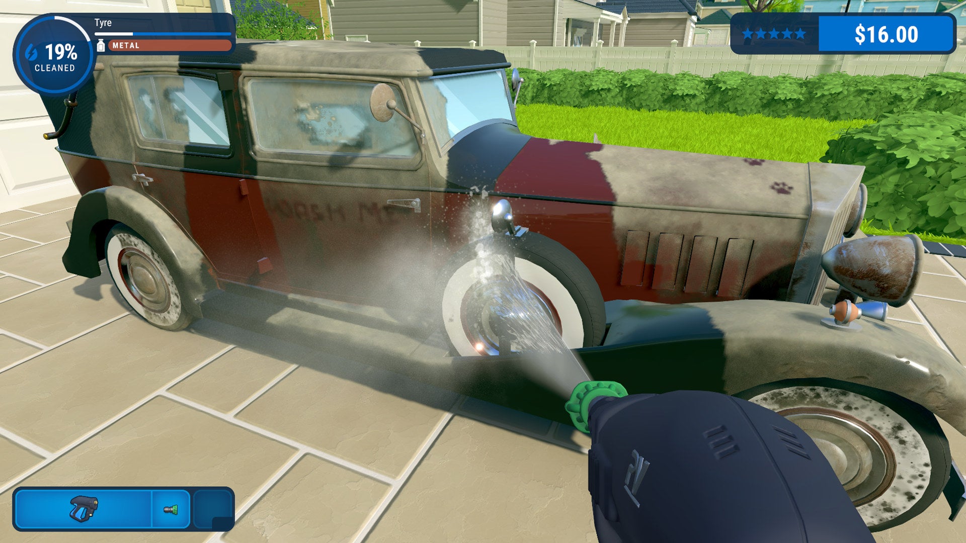 Hosing down a filthy car in a PowerWash Simulator screenshot.