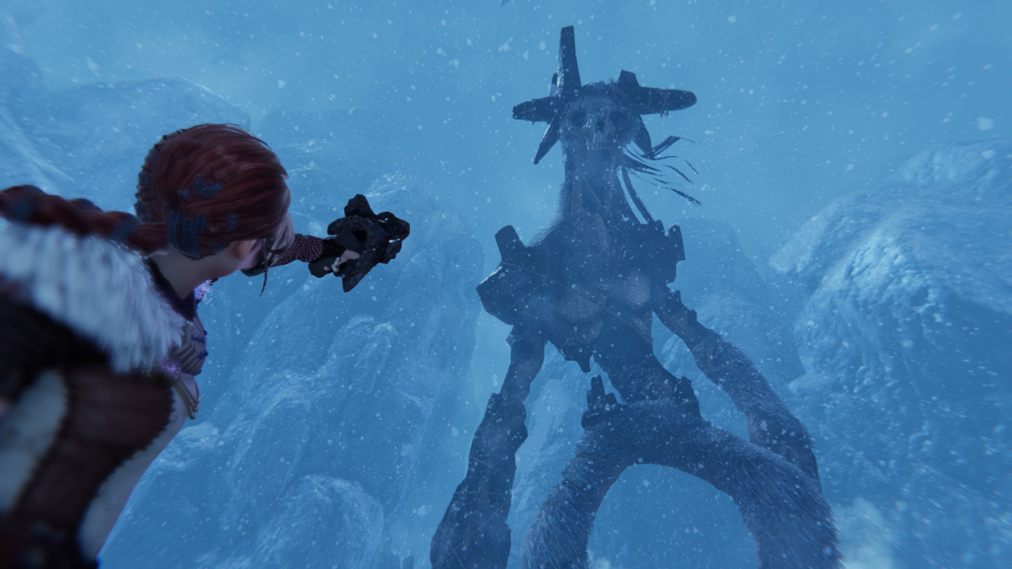 A screenshot of Praey For The Gods showing the protagonist looking up at a giant, hairy and somehow skeletal weasel.