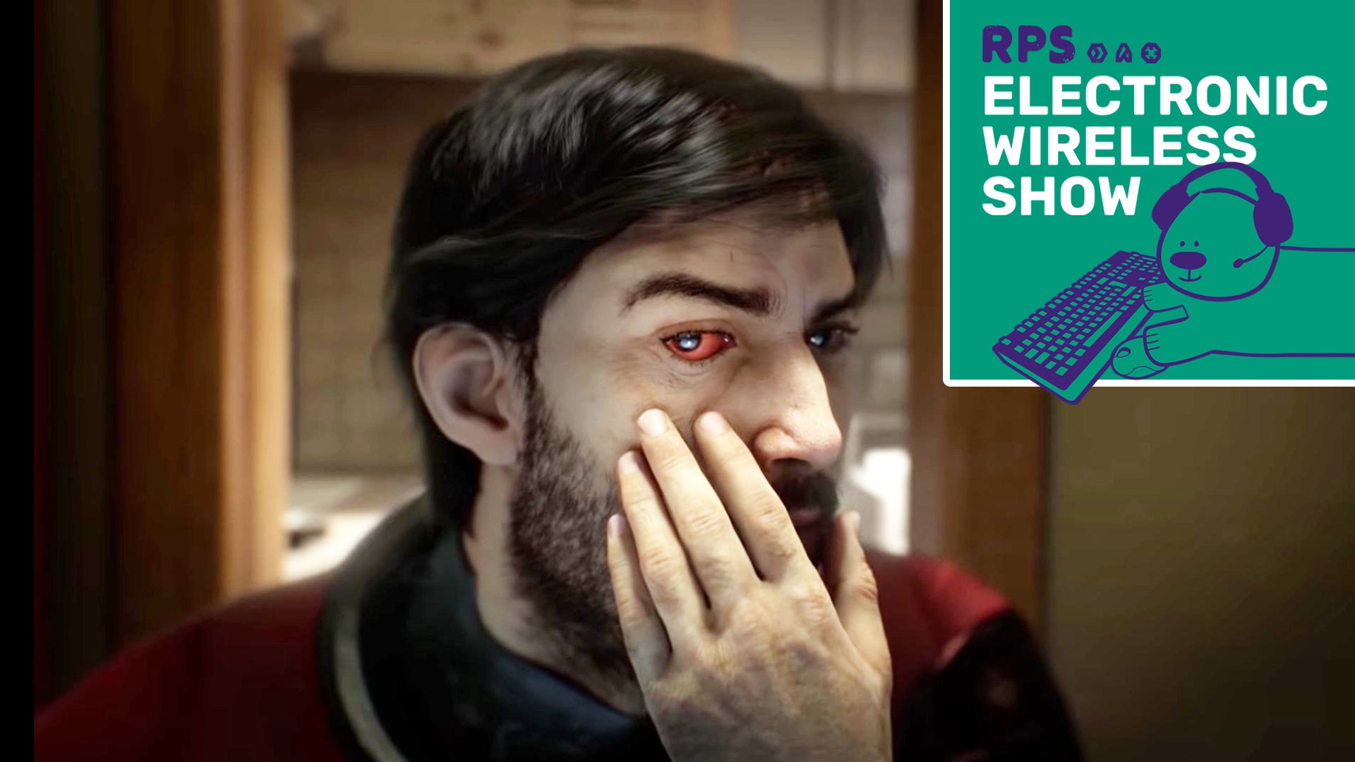 Morgan Yu from Prey inspecting his reddened right eye in the mirror, with the Electronic Wireless Show logo in the top right corner of the image