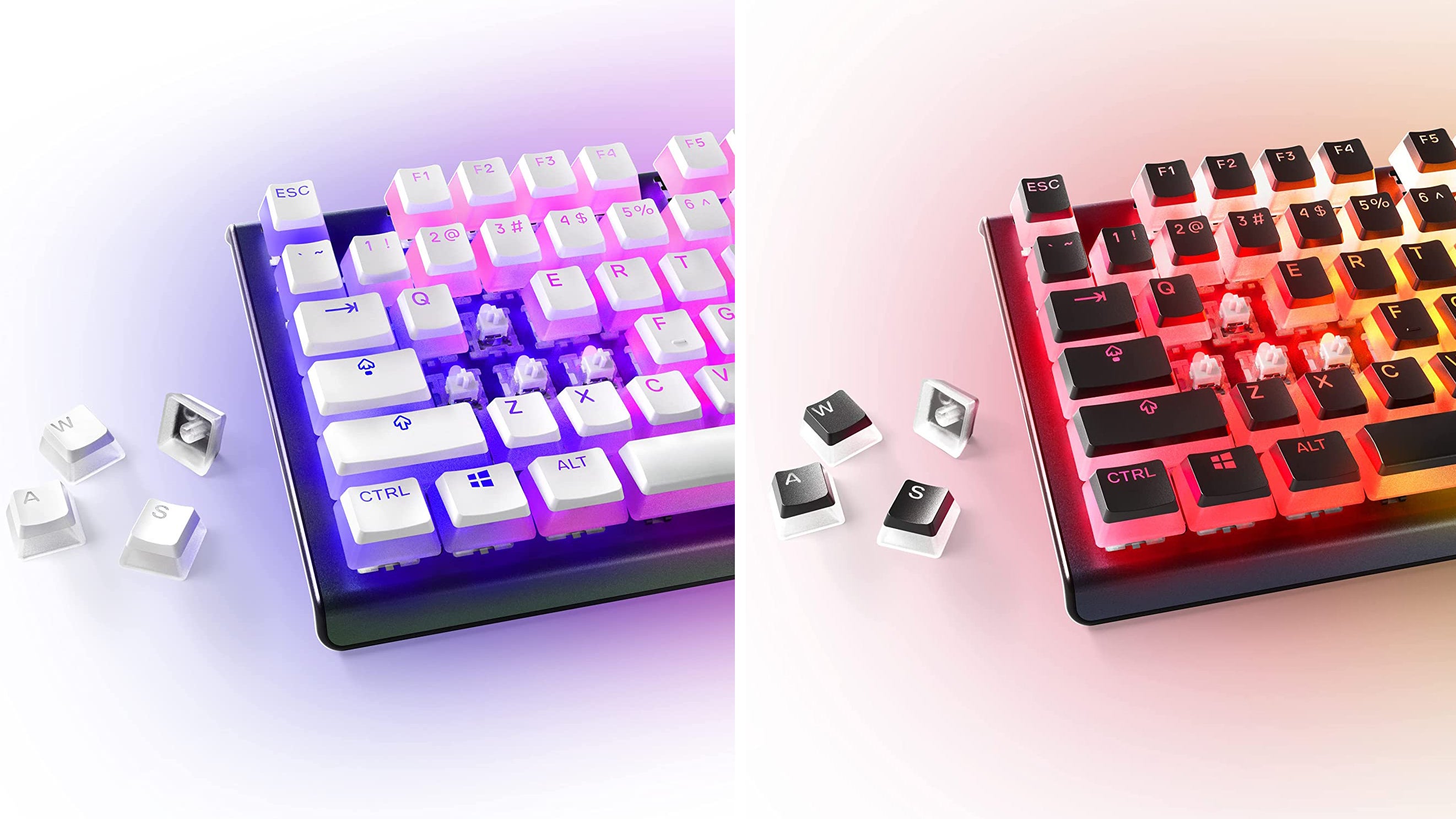 steelseries prismcaps mechanical keyboard keycaps, shown in black and white