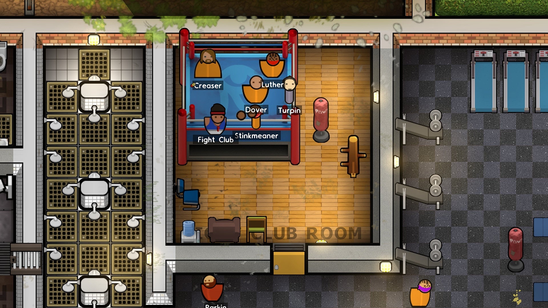 A group of prisons with names like "Stinkmeaner" and "Fight Club" hang out in a club room in Prison Architect.