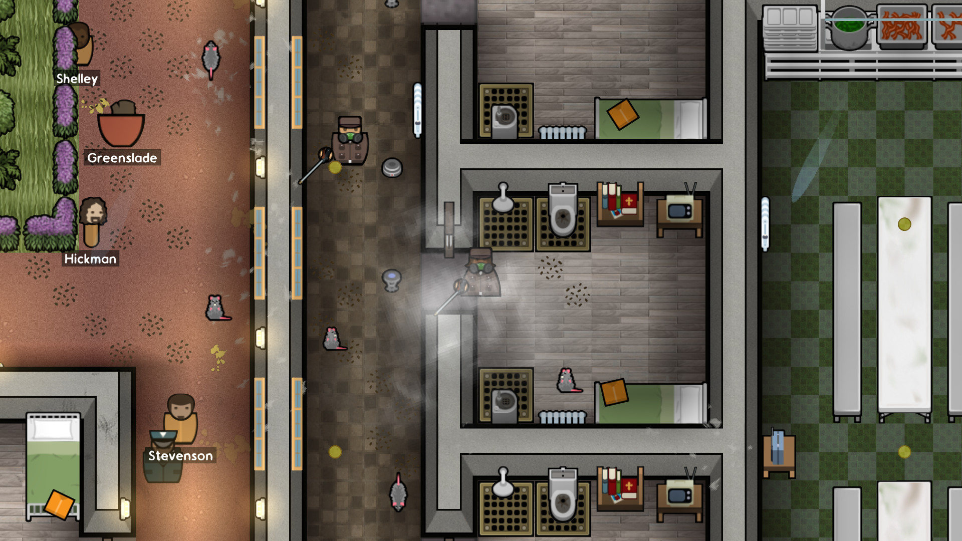 A screenshot of Prison Architect's Perfect Storm DLC showing exterminators spraying a prison while several rats look on.