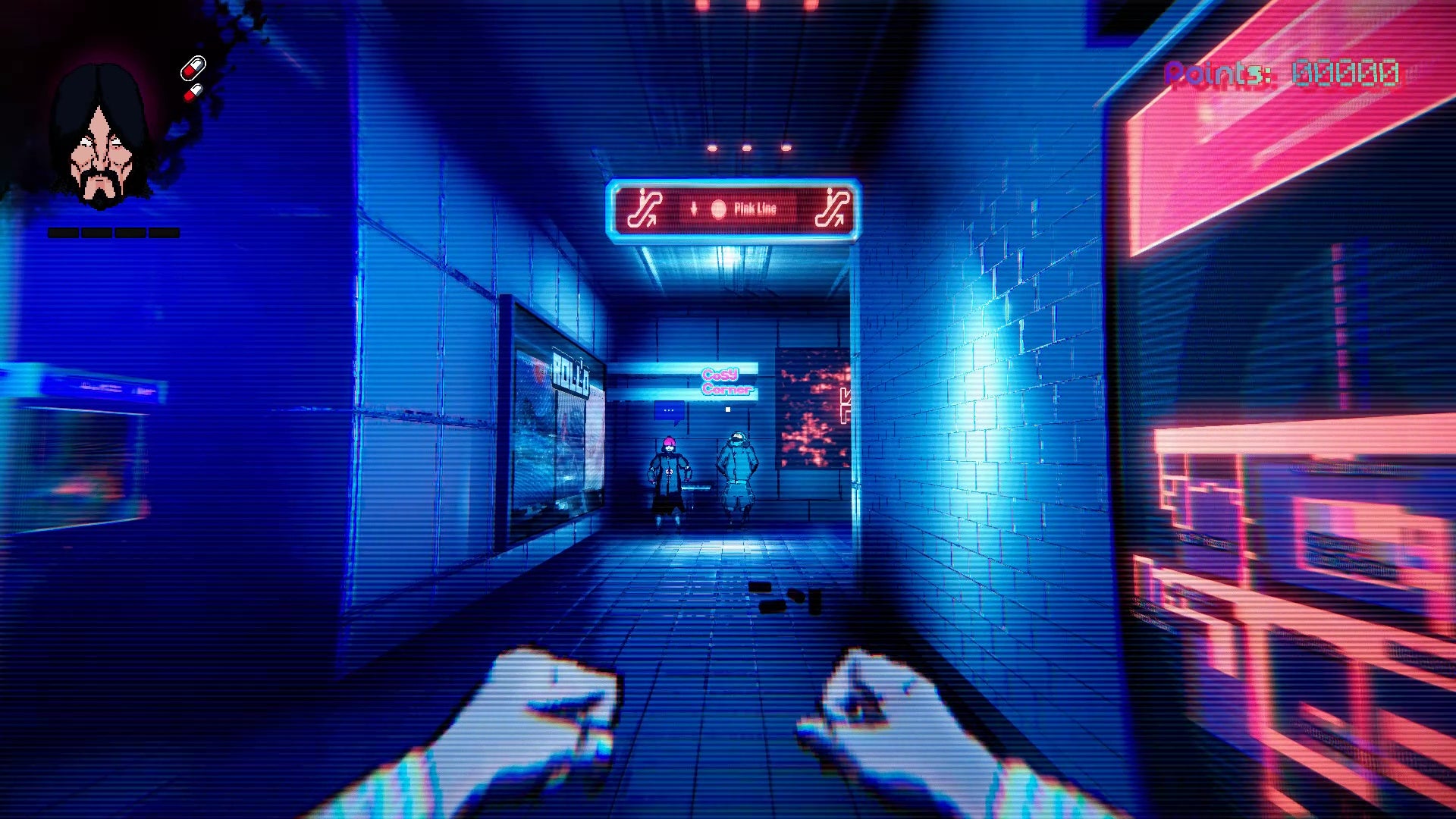 The player stands in a neon-drenched corridor in Project Downfall.