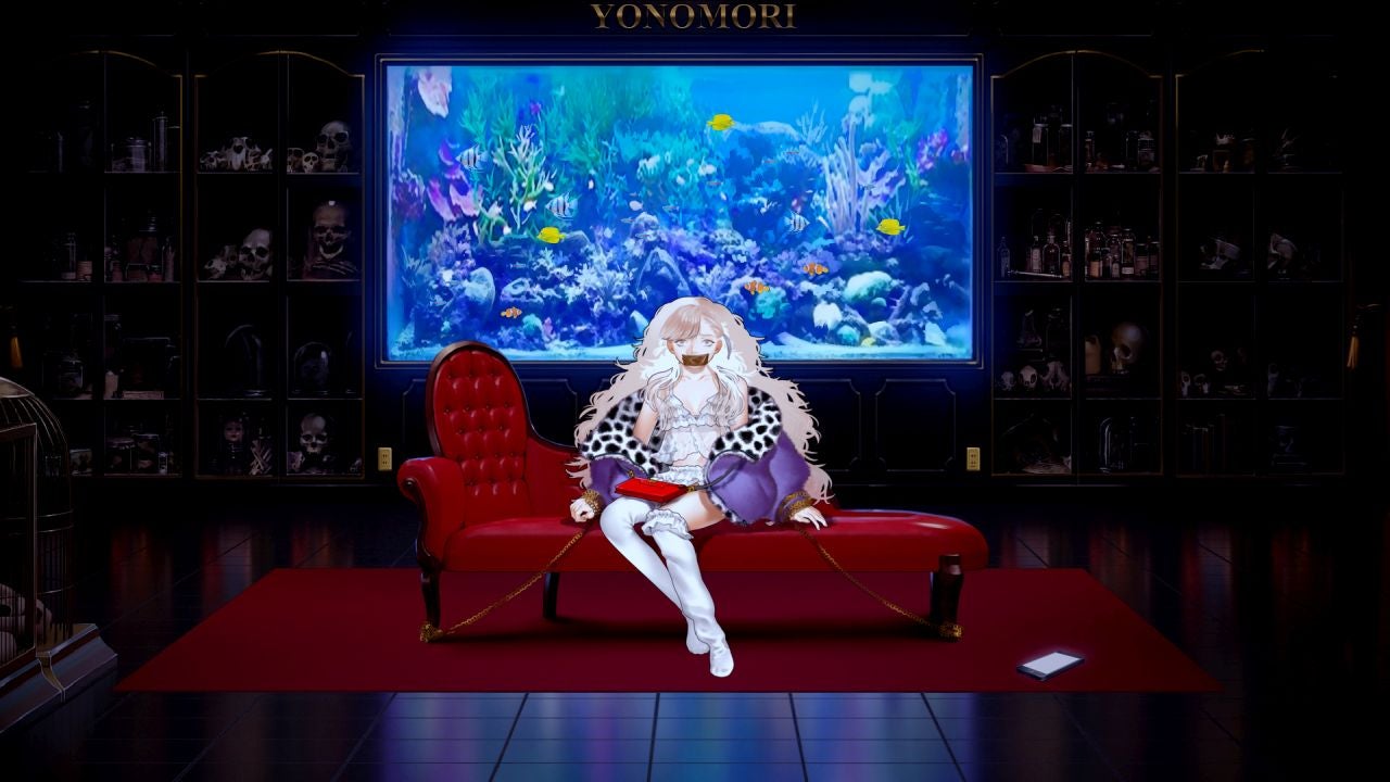 A young woman is sitting on a sofa in front of an aquarium, her mouth gagged with duct tape, in Code Name Project M
