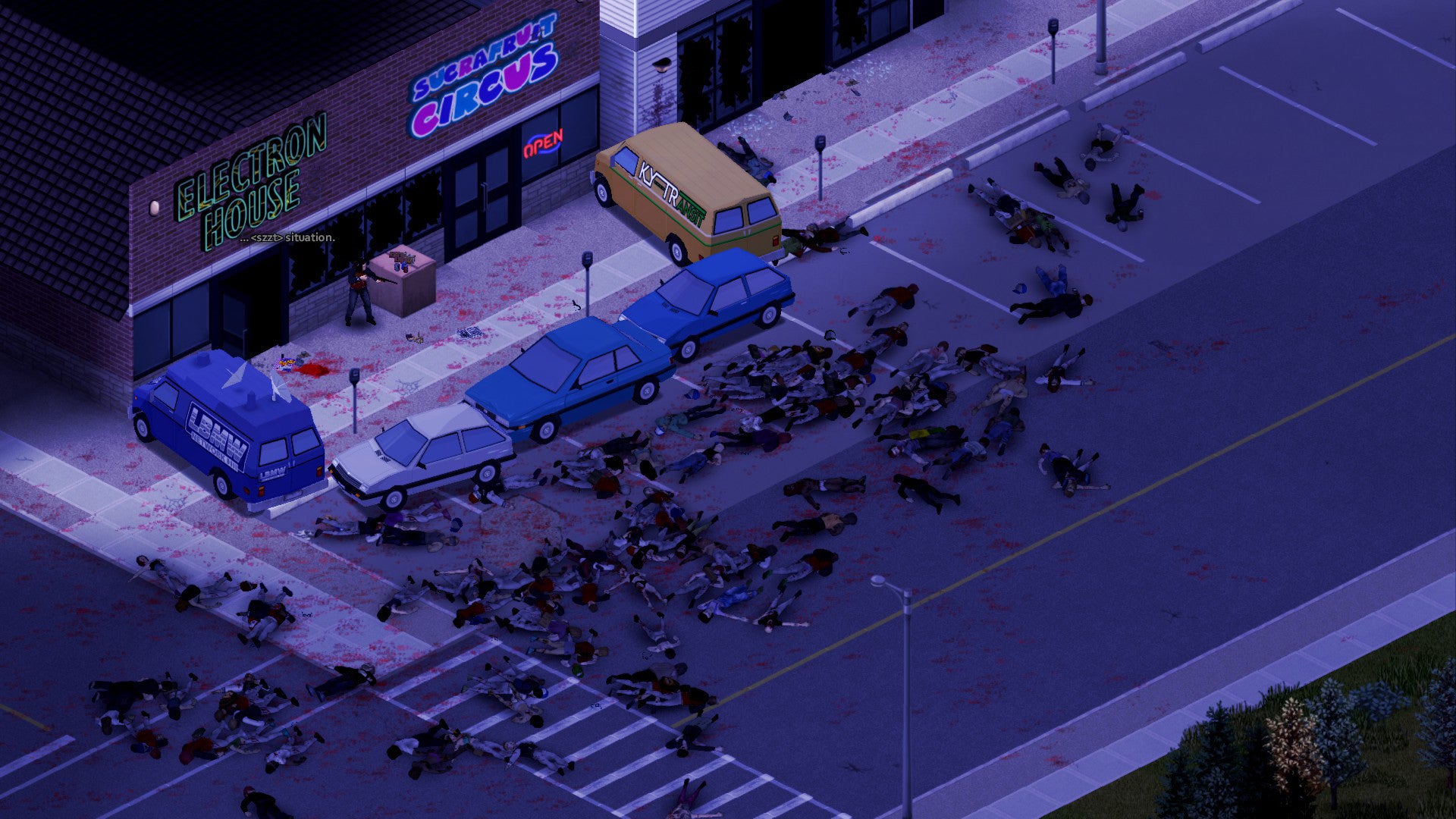A screenshot of Project Zomboid showing a player on a street at night, barricaded by some cars, as a swarm of zombies shamble towards them.