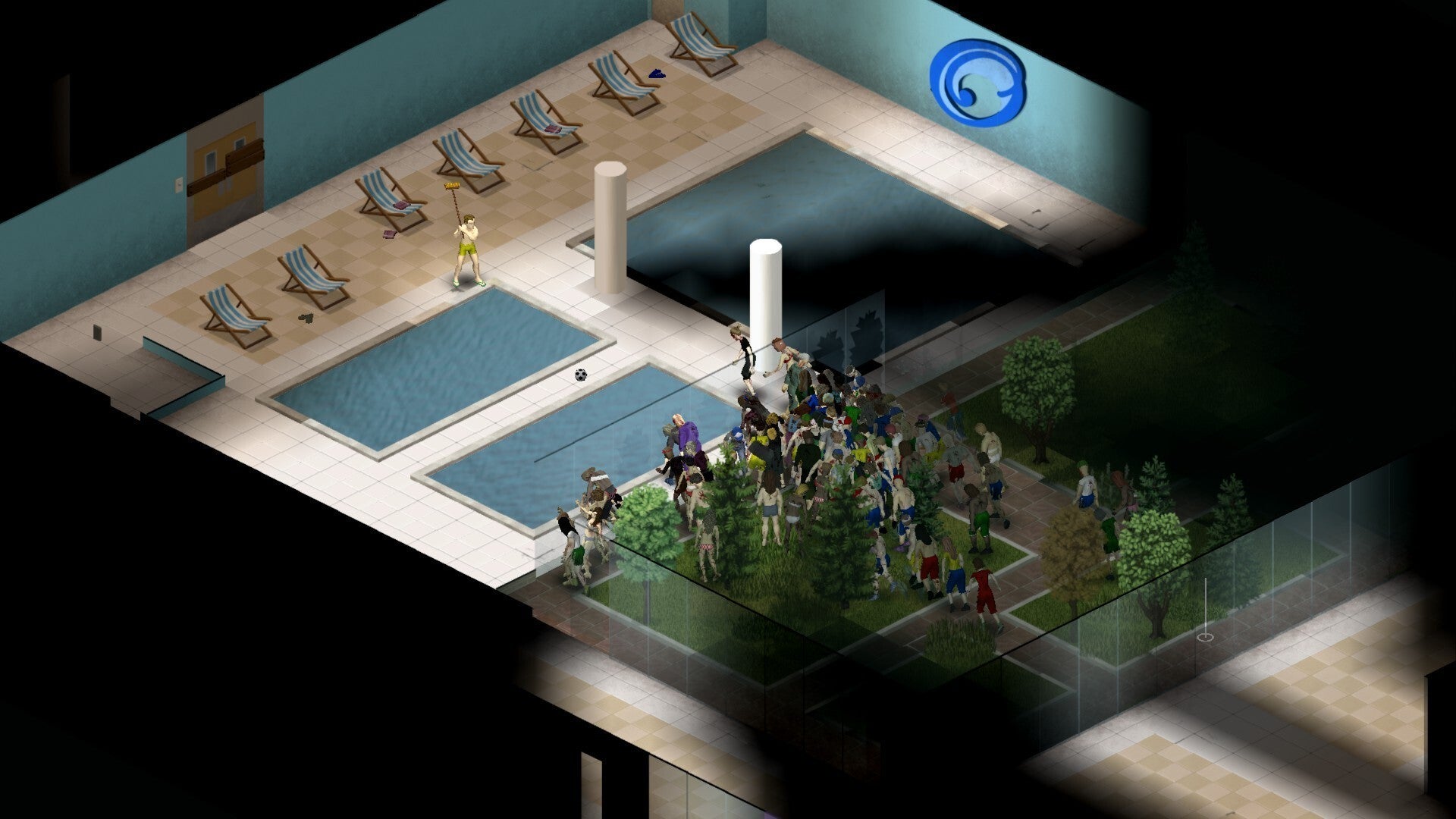 game Project Zomboid player fending off an incoming horde with a sweeping brush at a swimming pool