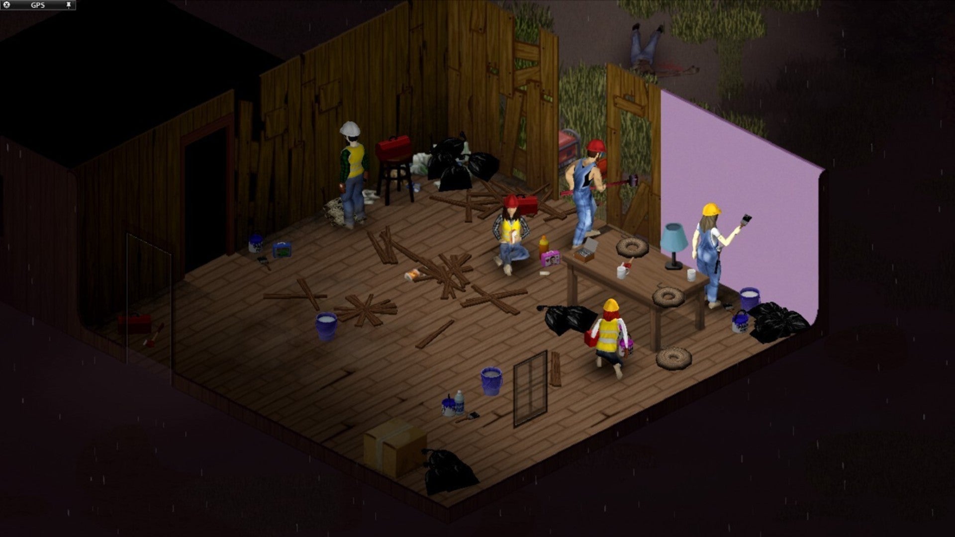 Игроки Project Zomboid объединяются, чтобы построить базу и покрасить стены.  Все в строительной одежде.