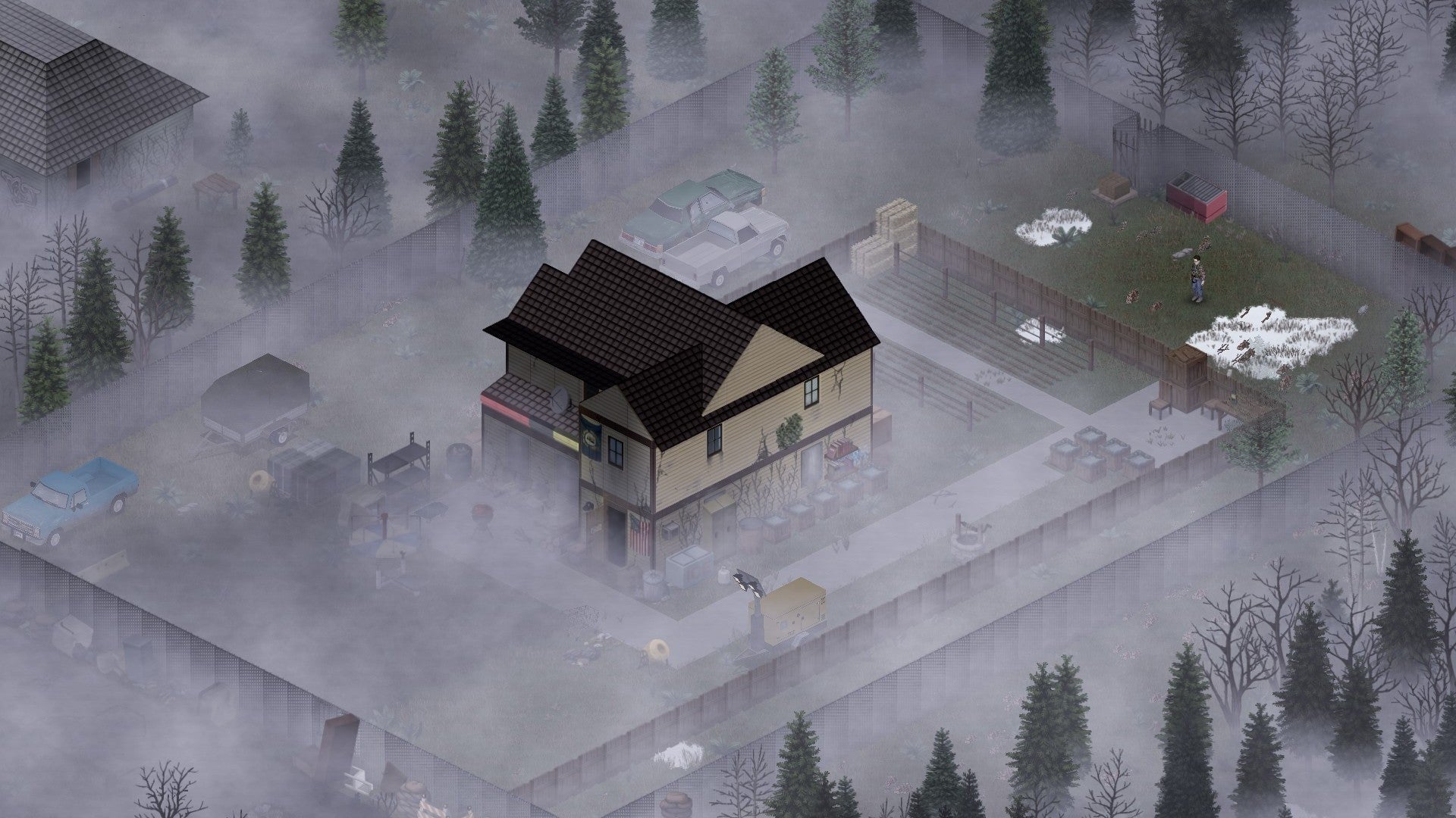 Project Zomboid house surrounded by fences and other fortifications, covered in a blanket of fog