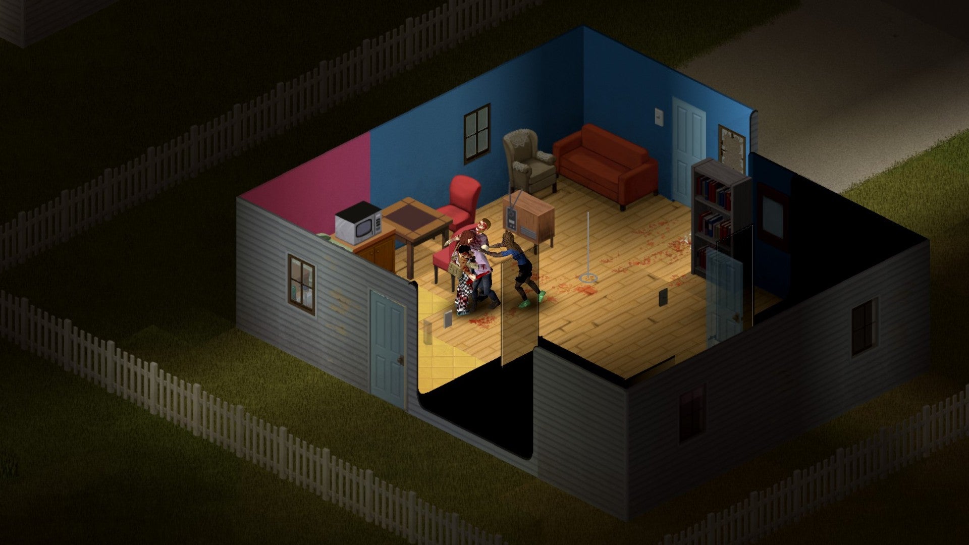 Project Zomboid player in a chef outfit getting eaten by a zombie